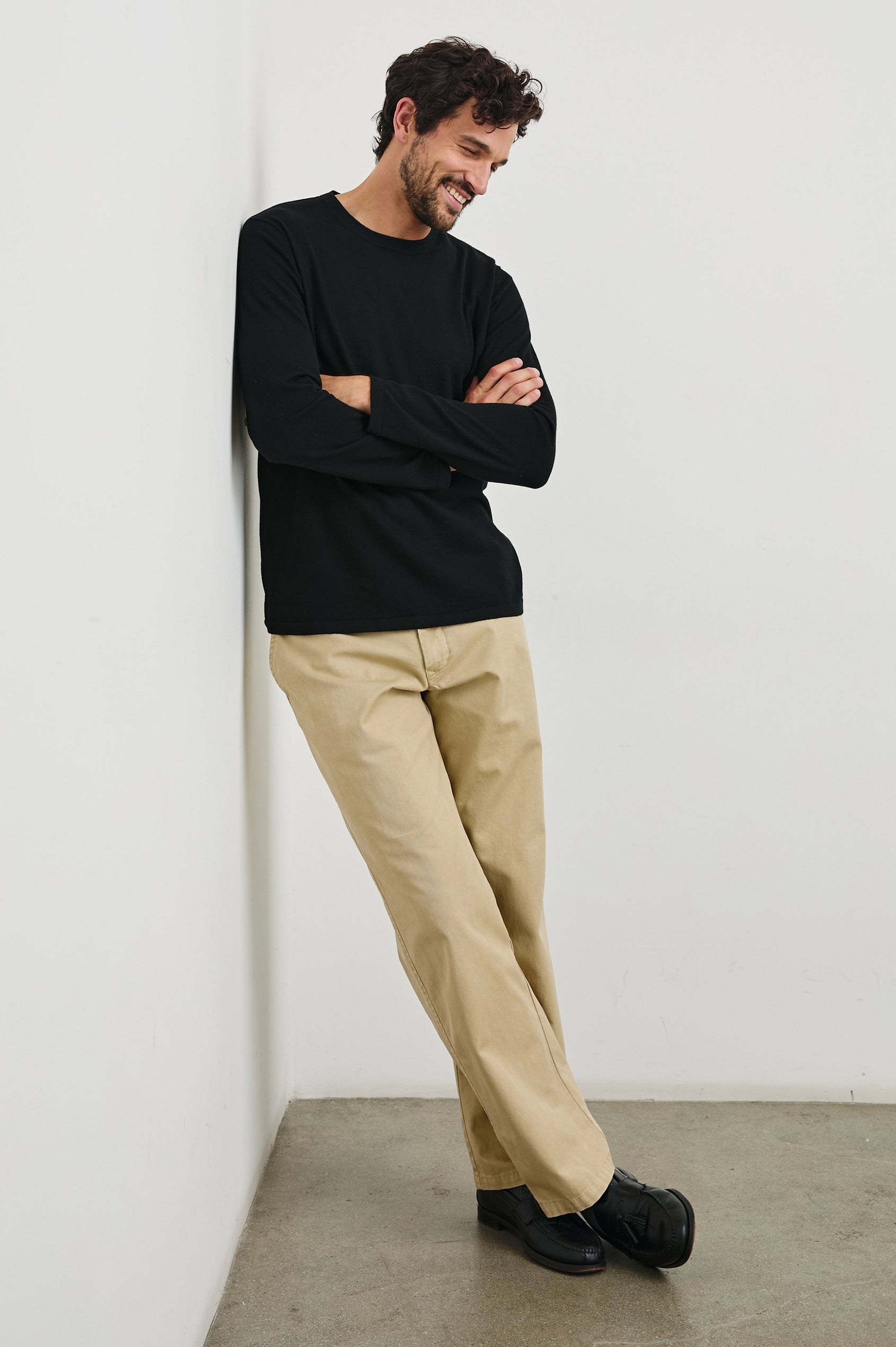 Quentin Cotton Cashmere Long Sleeve Tee with a Crew Neck in Black Colorway - Front Full Body View Featured on Model