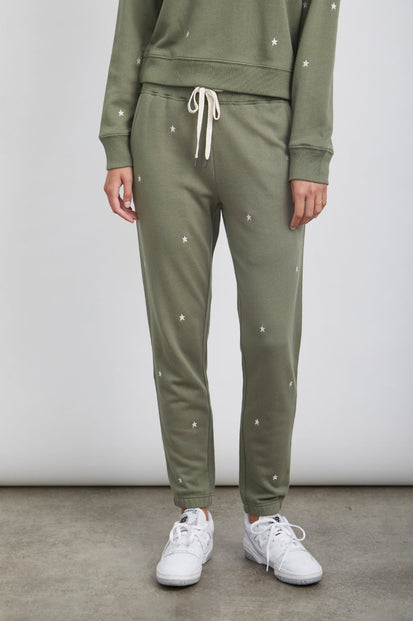 RAMONA OLIVE EMBROIDERED IVORY STARS PANT-FRONT