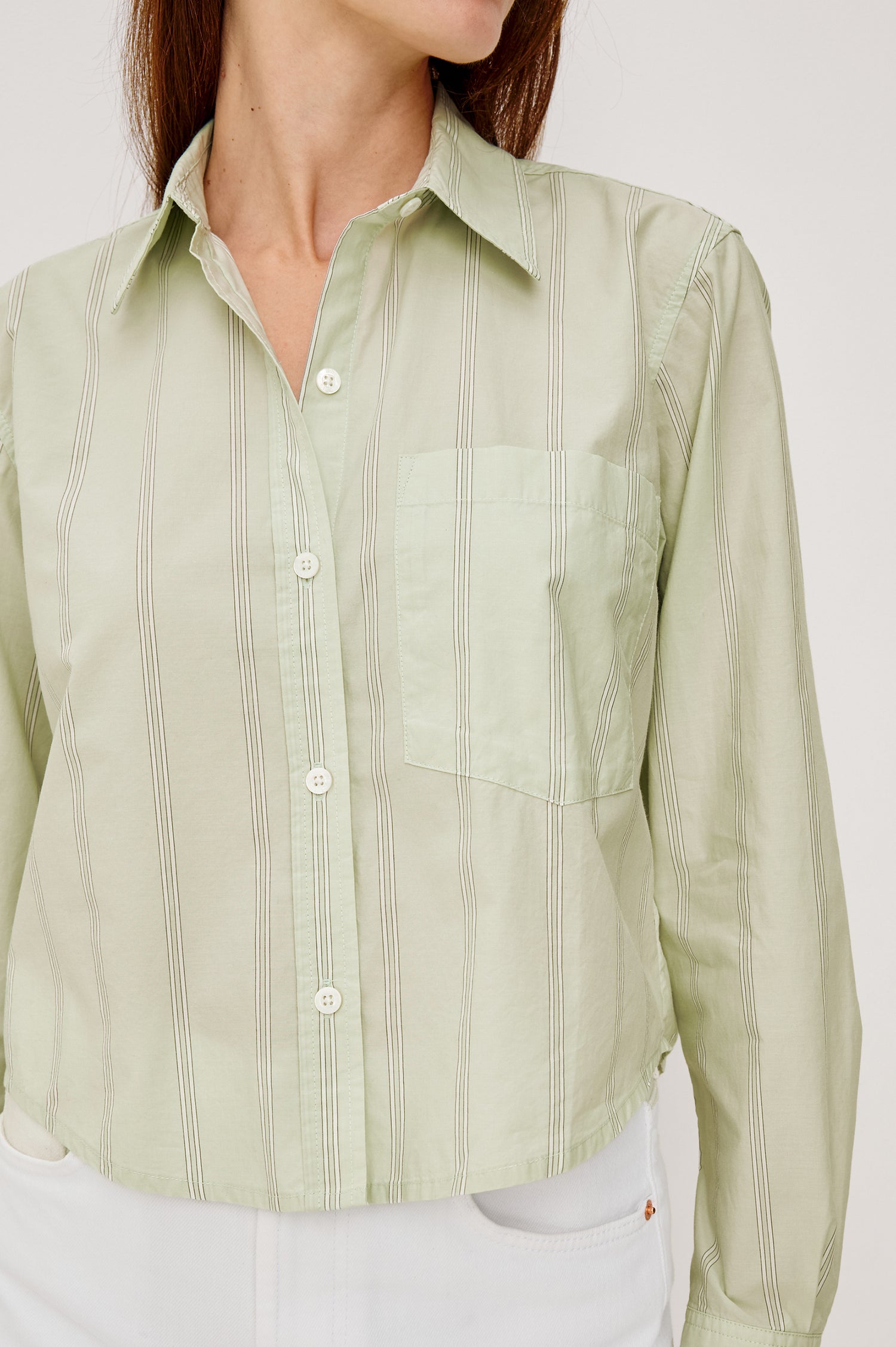 Ramy Cropped Button-Up Collared Shirt With Front Buttons and Long Sleeves in Leon Stripe Colorway - Upper Body Front View Featured on Model