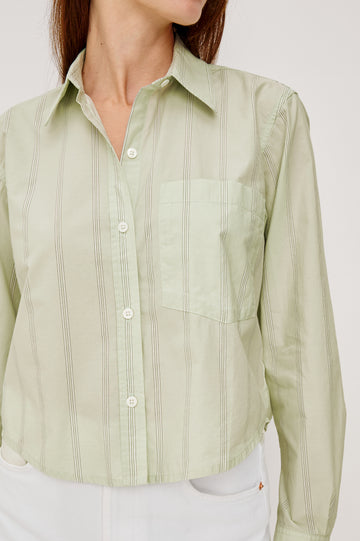 Ramy Cropped Button-Up Collared Shirt With Front Buttons and Long Sleeves in Leon Stripe Colorway - Upper Body Front View Featured on Model