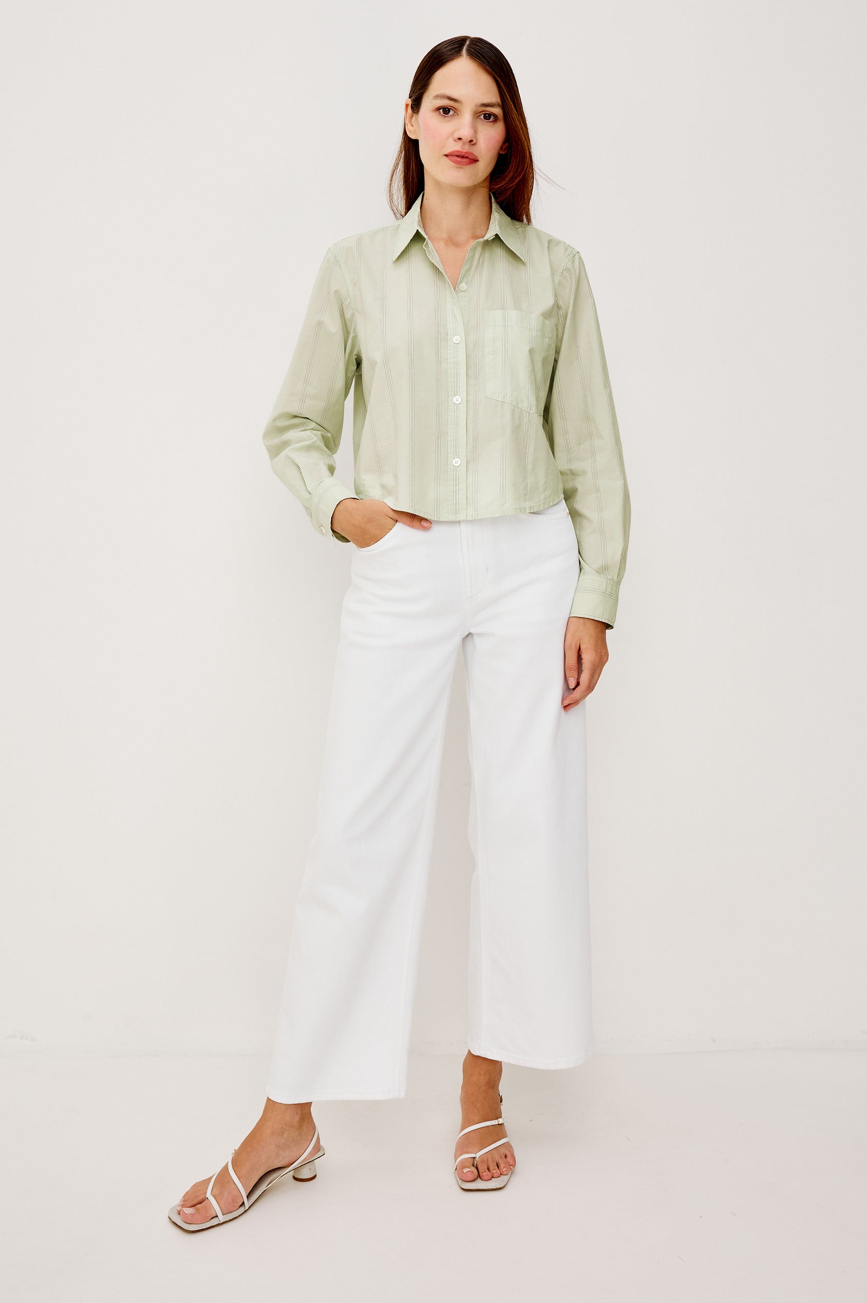 Ramy Cropped Button-Up Collared Shirt With Front Buttons and Long Sleeves in Leon Stripe Colorway - Full Body Front View Featured on Model