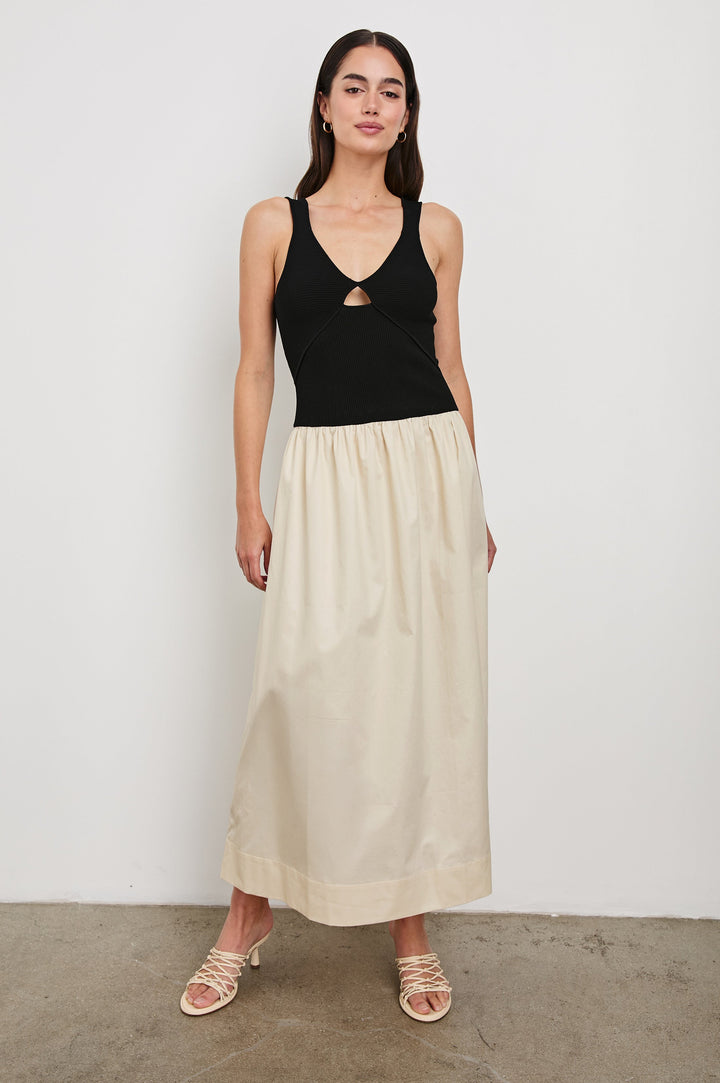 Raquel Maxi Dress with Straps, a Scoop Neckline with Keyhole and Pleats at Waistline in Black Ivory Colorway - Front Full Body View Featured on Model