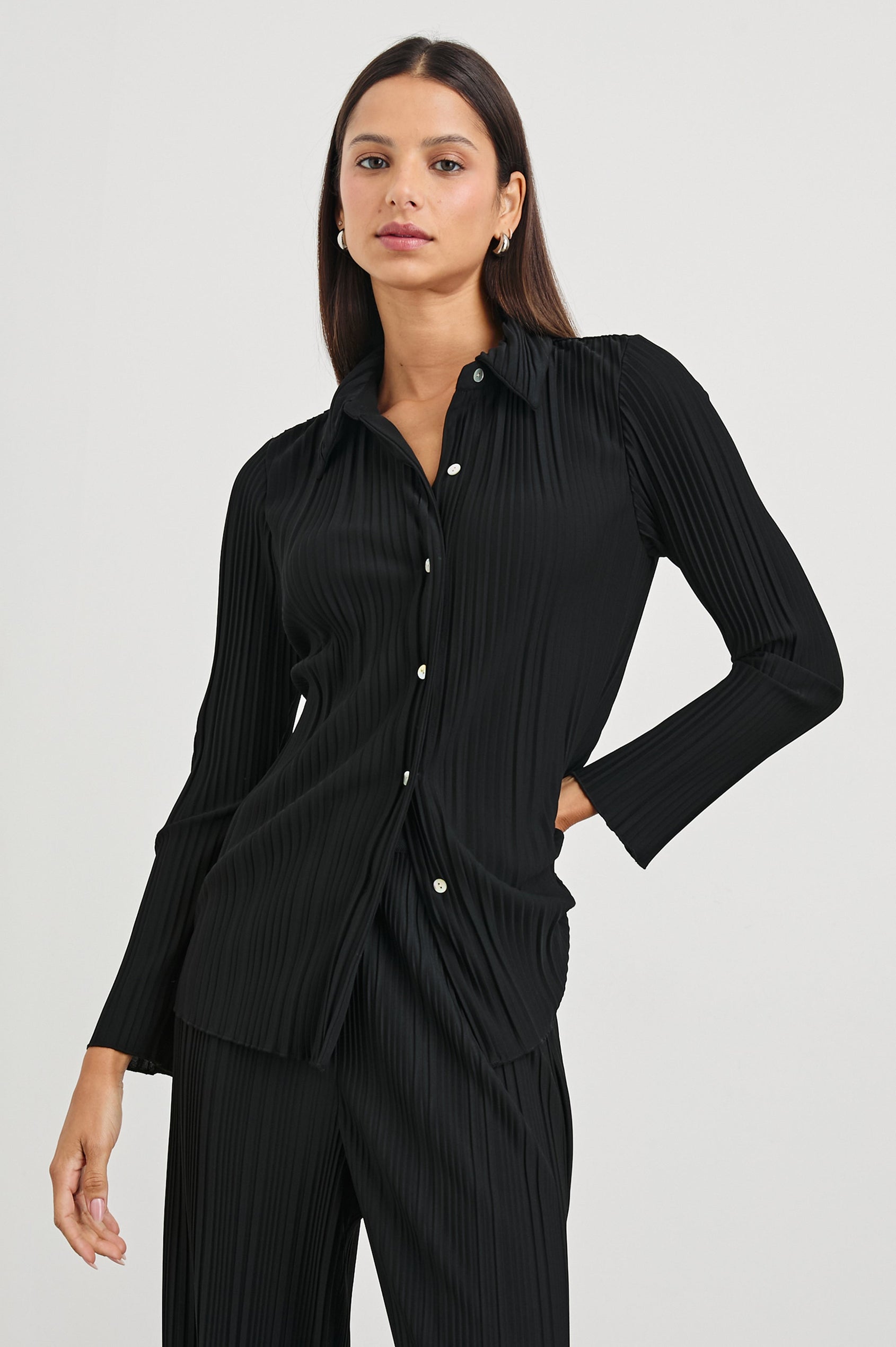 Raya Long Sleeve Button Up without Button Cuffs and with a Collar and Textured Fabric in Jet Colorway - Front View Featured on Model 