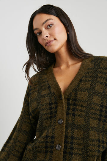 Reese Long-Sleeve Cardigan with Button Closure, V Neck and Ribbed Trim in Olive Plaid Colorway, Black and Olive - Front View Featured on Model