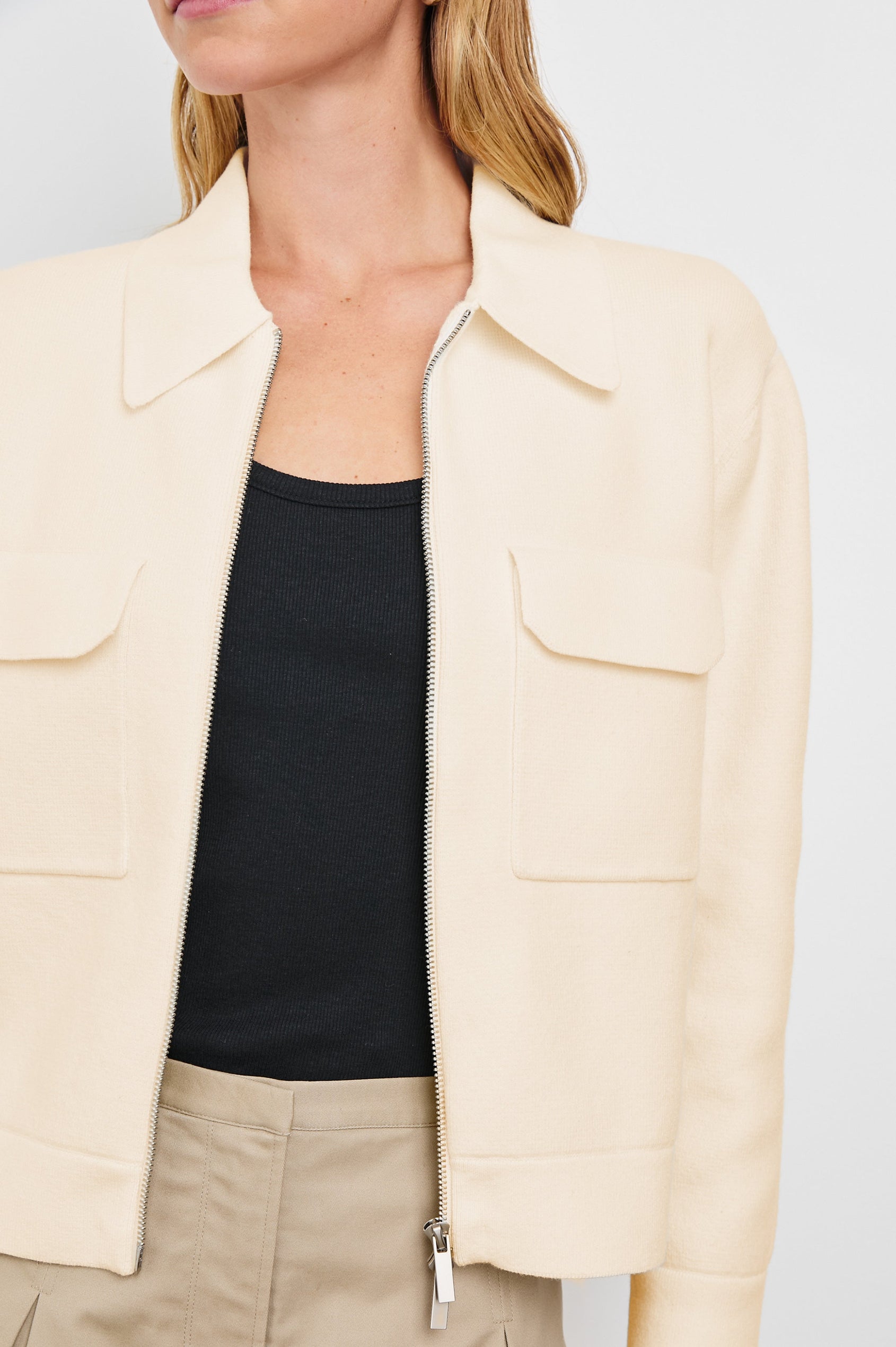 Remington Jacket with Dual-Zip Closure and Two Chest Flap Patch Pockets in Ivory Colorway - Front View Featured on Model