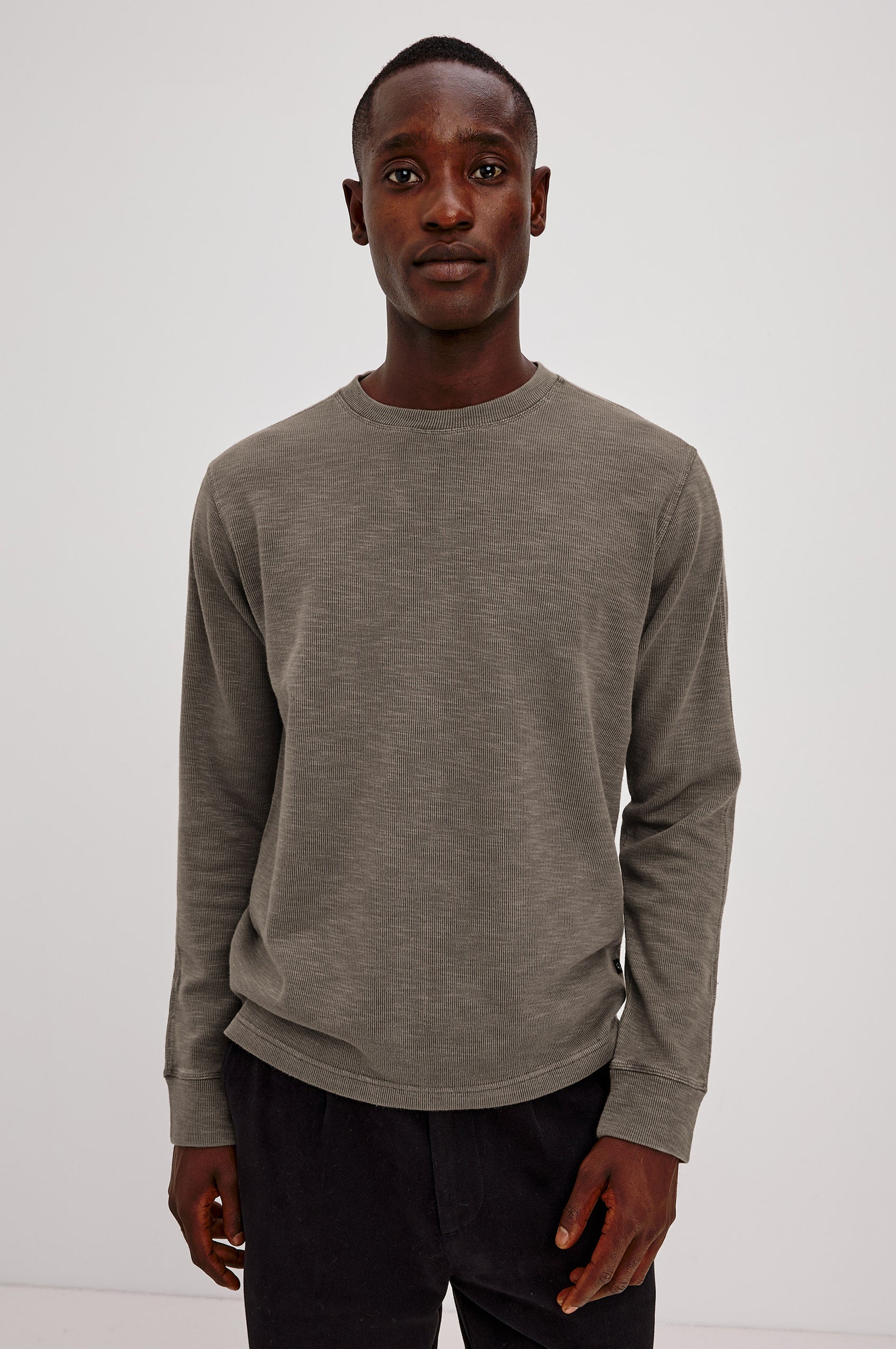 Rheese Long Sleeve Tee in French Rib With Crew Neck, Pullover Fit, and Tonal Seams in Crossroad Colorway - Upper Body Front View Featured on Model