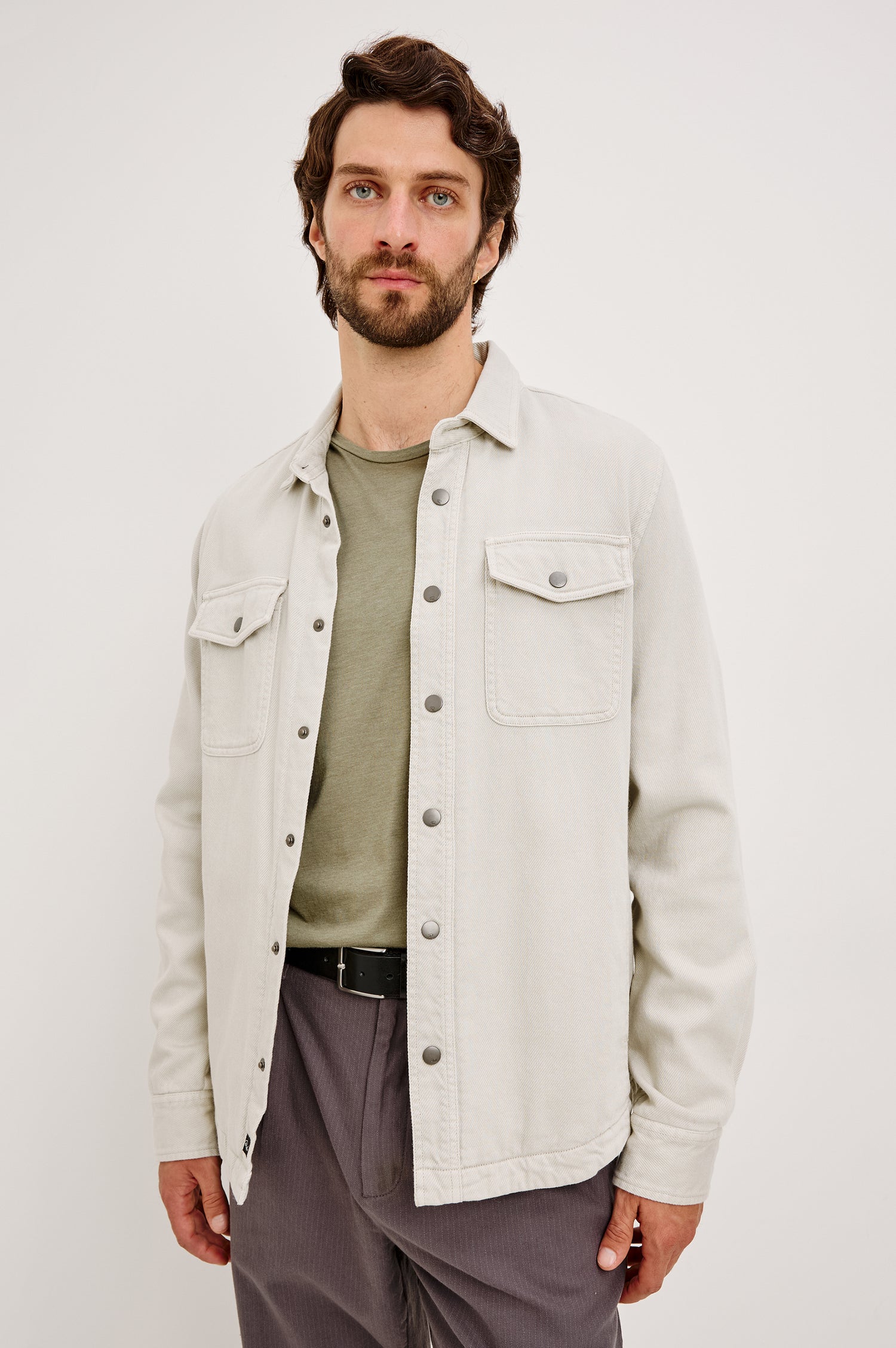 Rhett Shirt Jacket in Brushed Cotton Twill With On-Seam Side Pockets, Jersey Lining, Collar, Snap Button Front and Chest Flap Pockets in Medium Vintage Wash - Upper Body Front View Featured on Model