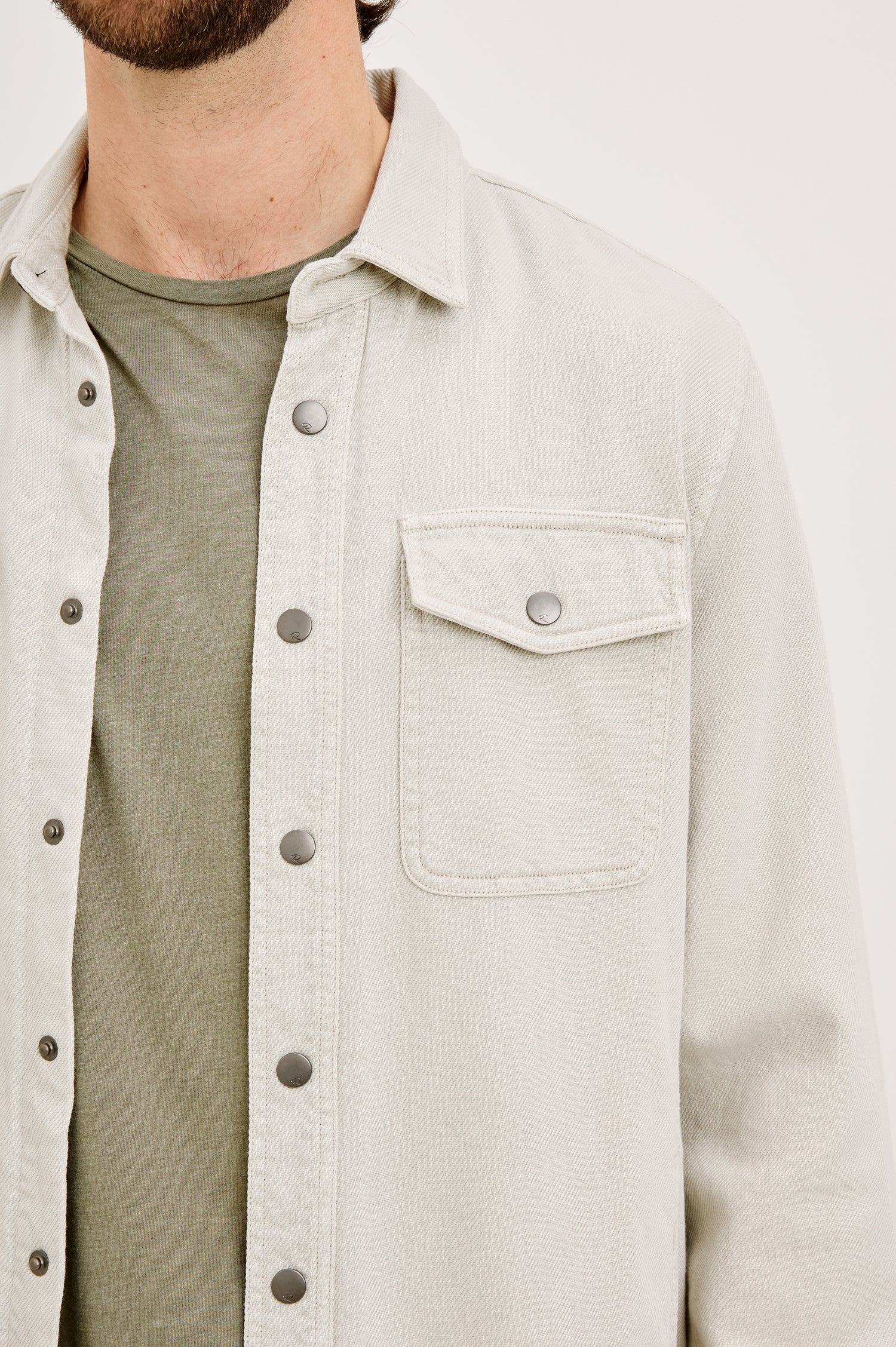 Rhett Shirt Jacket in Brushed Cotton Twill With On-Seam Side Pockets, Jersey Lining, Collar, Snap Button Front and Chest Flap Pockets in Medium Vintage Wash - Upper Body Front View Featured on Model