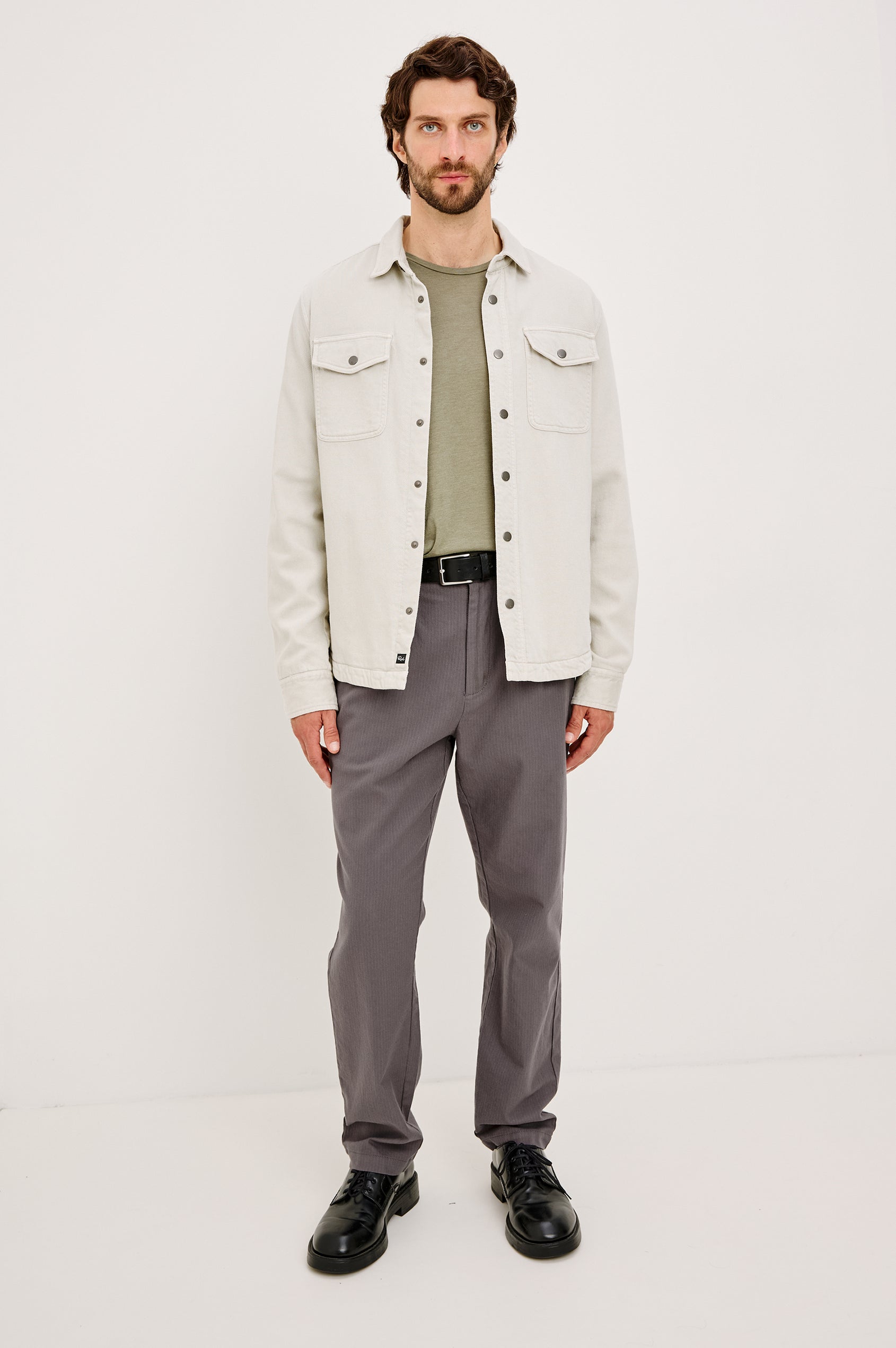 Rhett Shirt Jacket in Brushed Cotton Twill With On-Seam Side Pockets, Jersey Lining, Collar, Snap Button Front and Chest Flap Pockets in Medium Vintage Wash - Full Body Front View Featured on Model