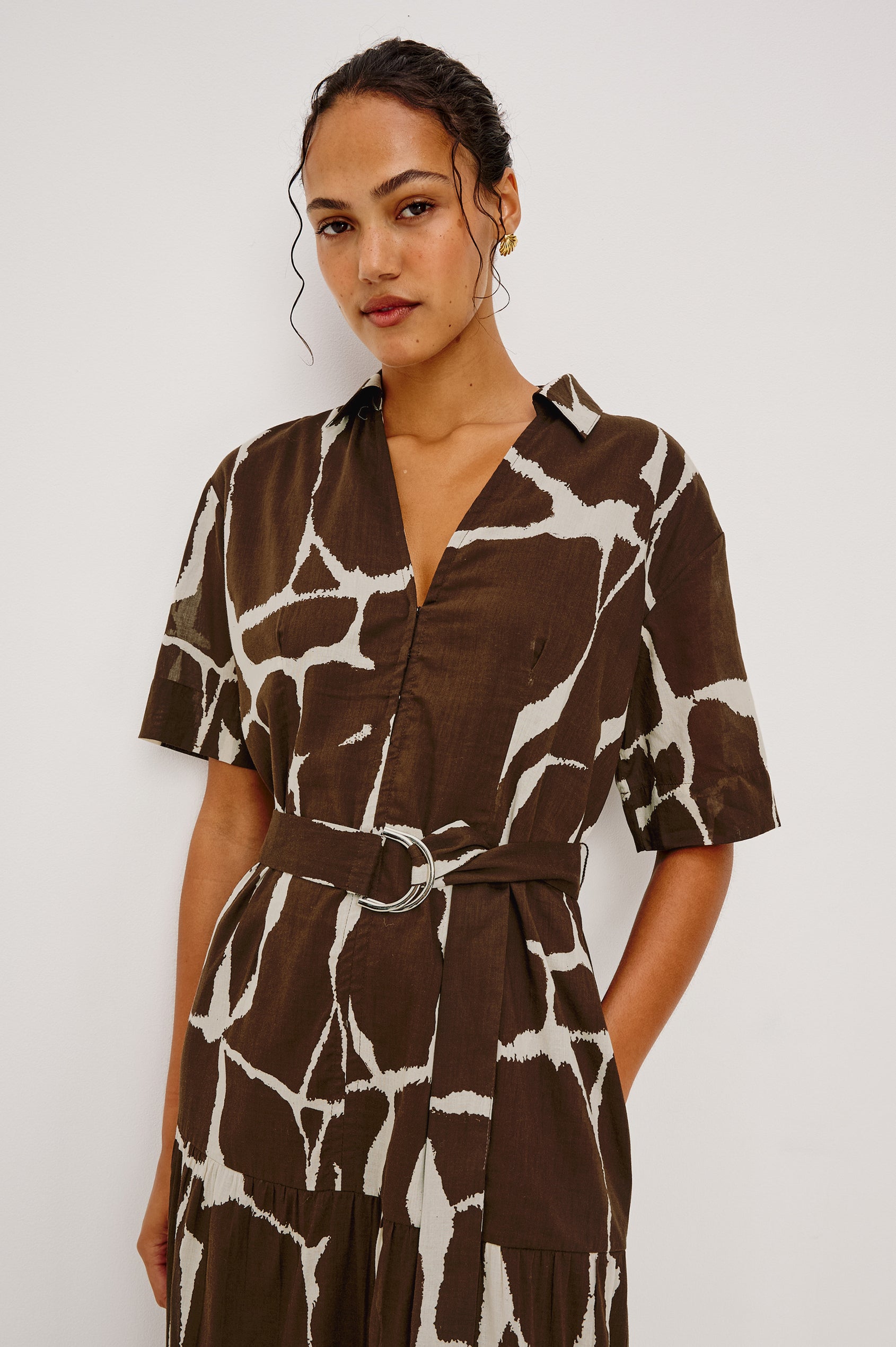 Richmond Midi Dress in Cotton With Collar Front Button Placket Side Pockets D-Ring Waist Belt Short Sleeves and Relaxed Fit in Terra Colorway - Upper Body Front View Featured on Model