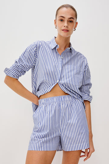 Rocky mid rise, loose fitting cotton short with elastic waistband and side pockets in Mariner White Stripe colorway - front view on model.