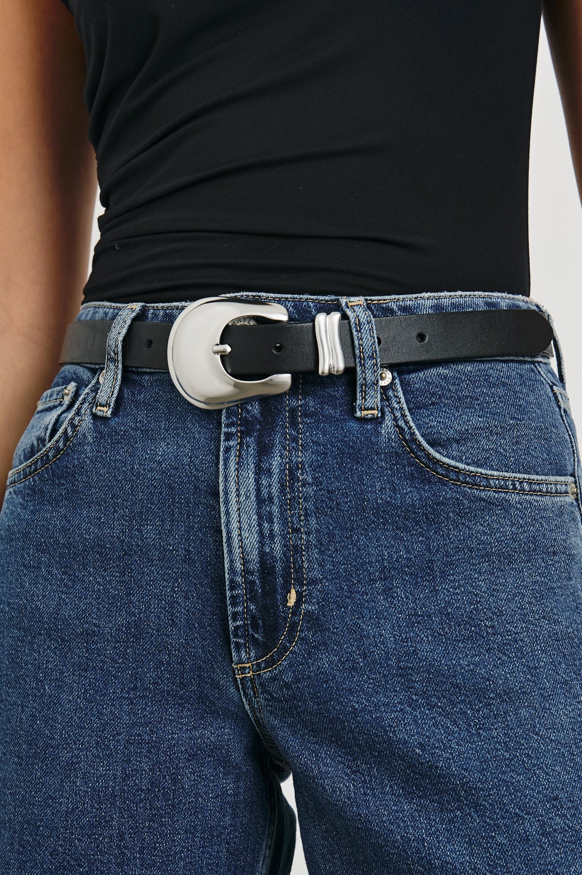 Rodeo Belt with a Black Leather Belt with Belt Loop and a Chunky Silver-Toned Buckle in Brown Gold Colorway - Front View Featured on Model 