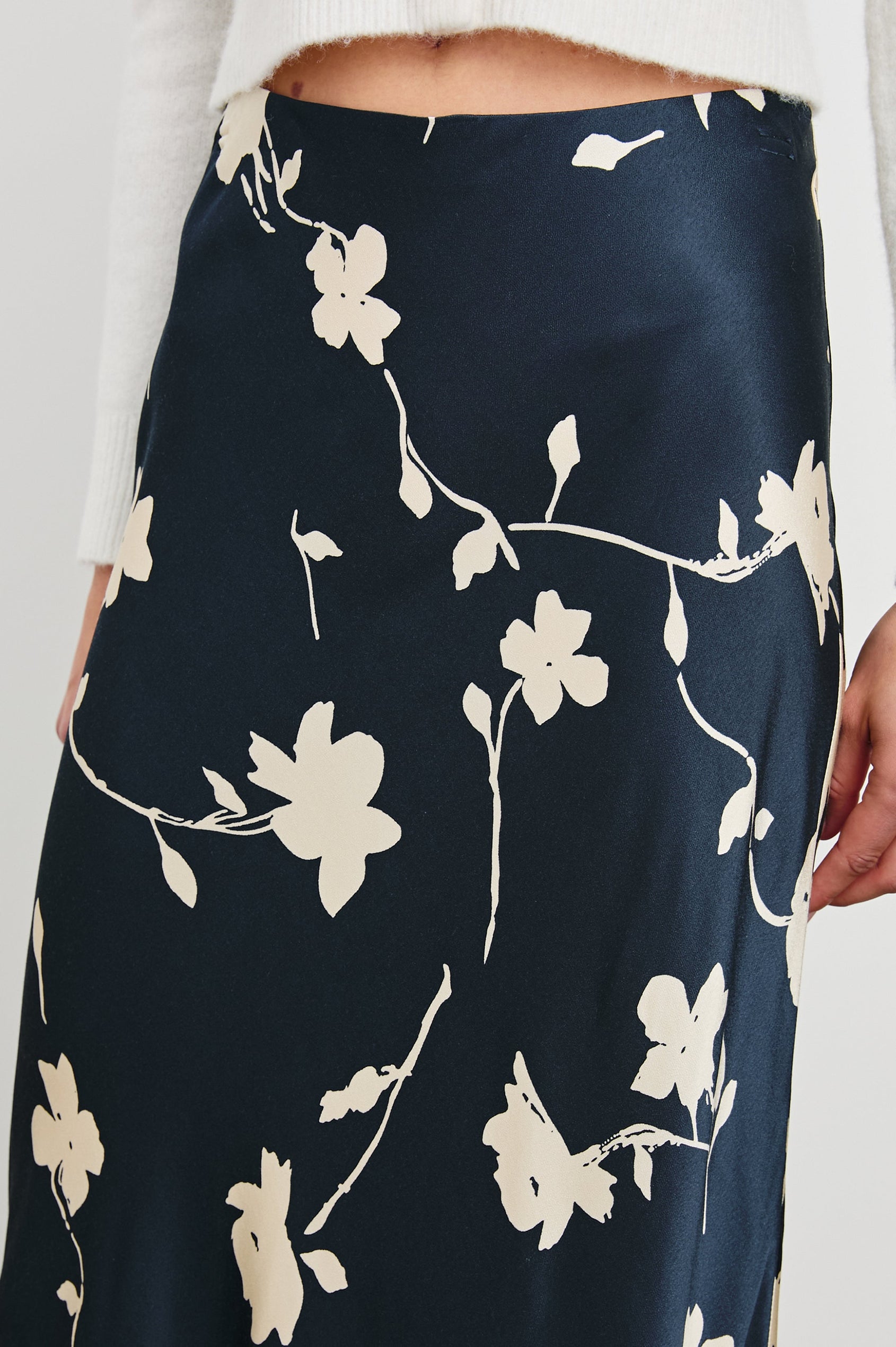 Romina Maxi Skirt in Midnight Roses Colorway, cream roses on Midnight - Front View Featured on Model