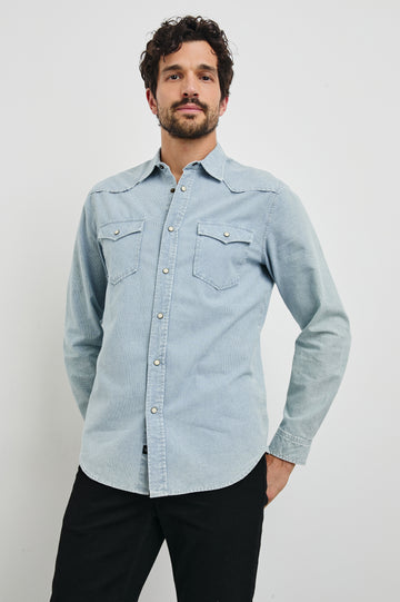 Roy Long-Sleeve with Snap Closure, Two Chest Snap Flap Pockets and Traditional Western Yokes in Sunfaded Indigo Colorway - Front View Featured on Model   