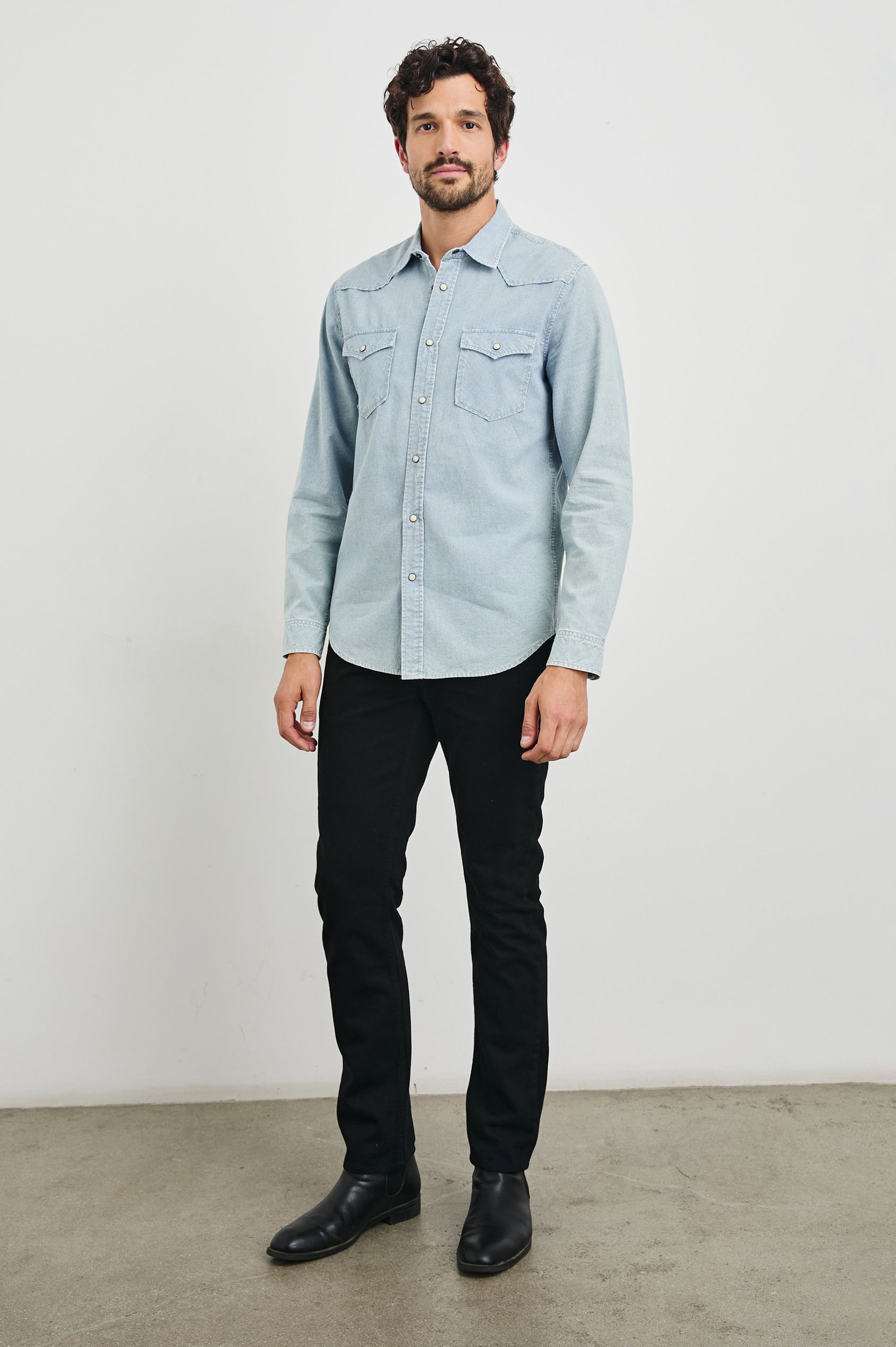 Roy Long-Sleeve with Snap Closure, Two Chest Snap Flap Pockets and Traditional Western Yokes in Sunfaded Indigo Colorway - Front Full Body View Featured on Model   