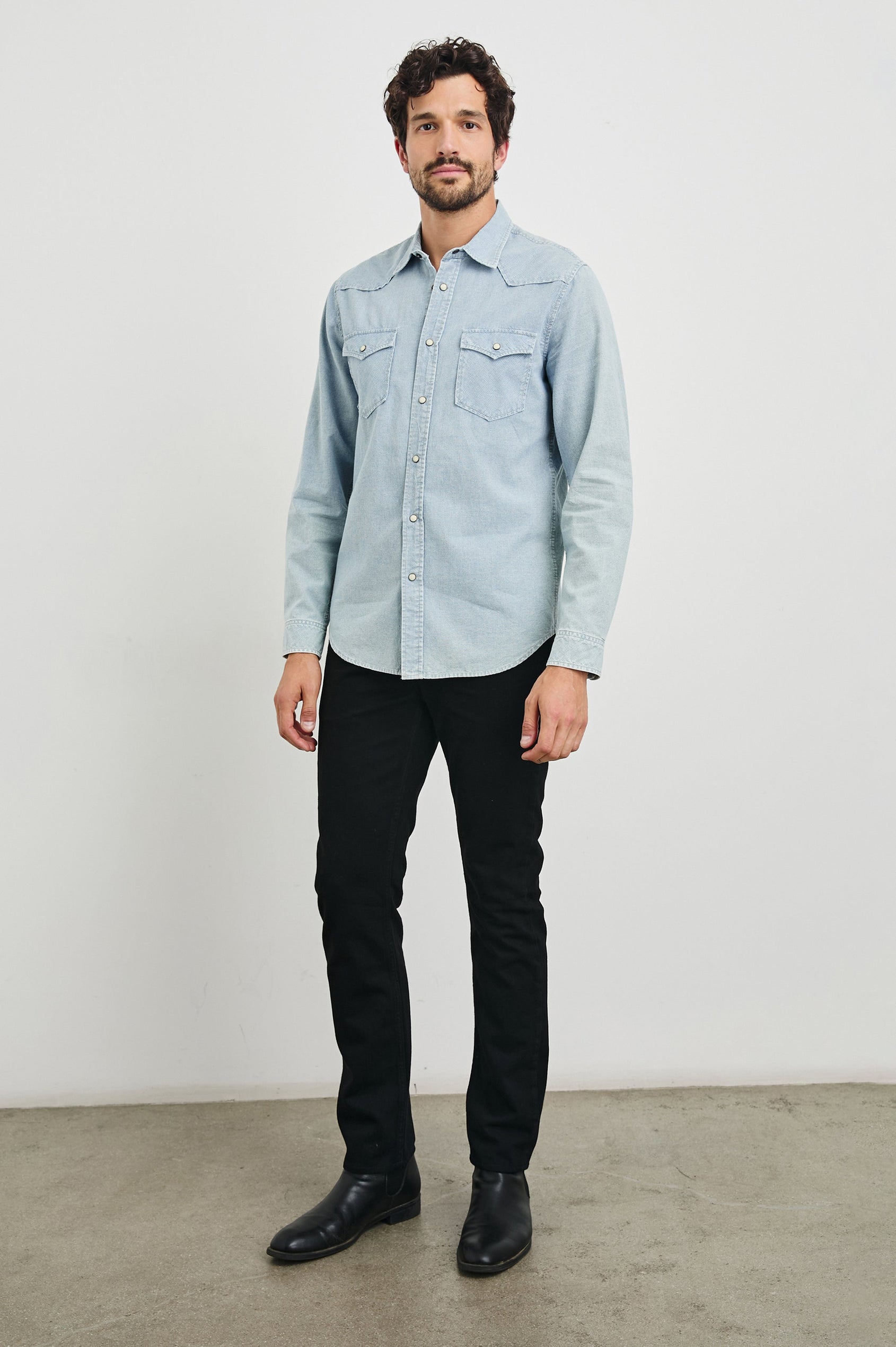 Roy Long-Sleeve with Snap Closure, Two Chest Snap Flap Pockets and Traditional Western Yokes in Sunfaded Indigo Colorway - Front Full Body View Featured on Model   
