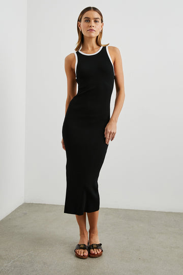 Rue Sleeveless Ribbed Midi Dress with a Shallow Scoop Neck, and a Lower Back Cutout in Black Colorway, Trimmed with White - Front Full Body View Featured on Model 