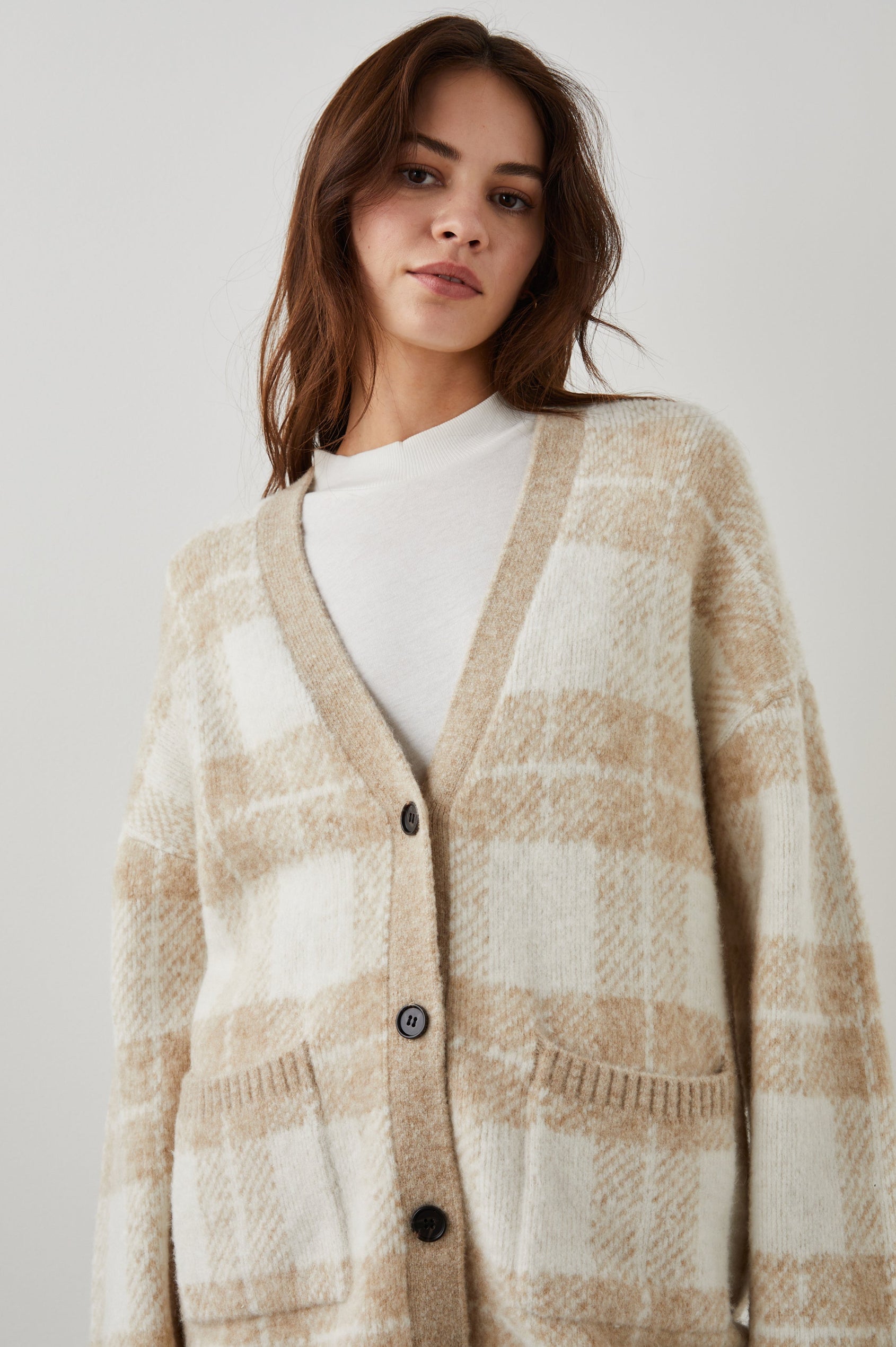RUNI CARDIGAN IVORY SAND PLAID - FRONT