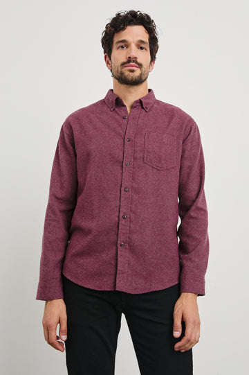 Runson Long-Sleeve Button Down with a Chest Patch Pocket in Currant Colorway - Front View Featured on Model