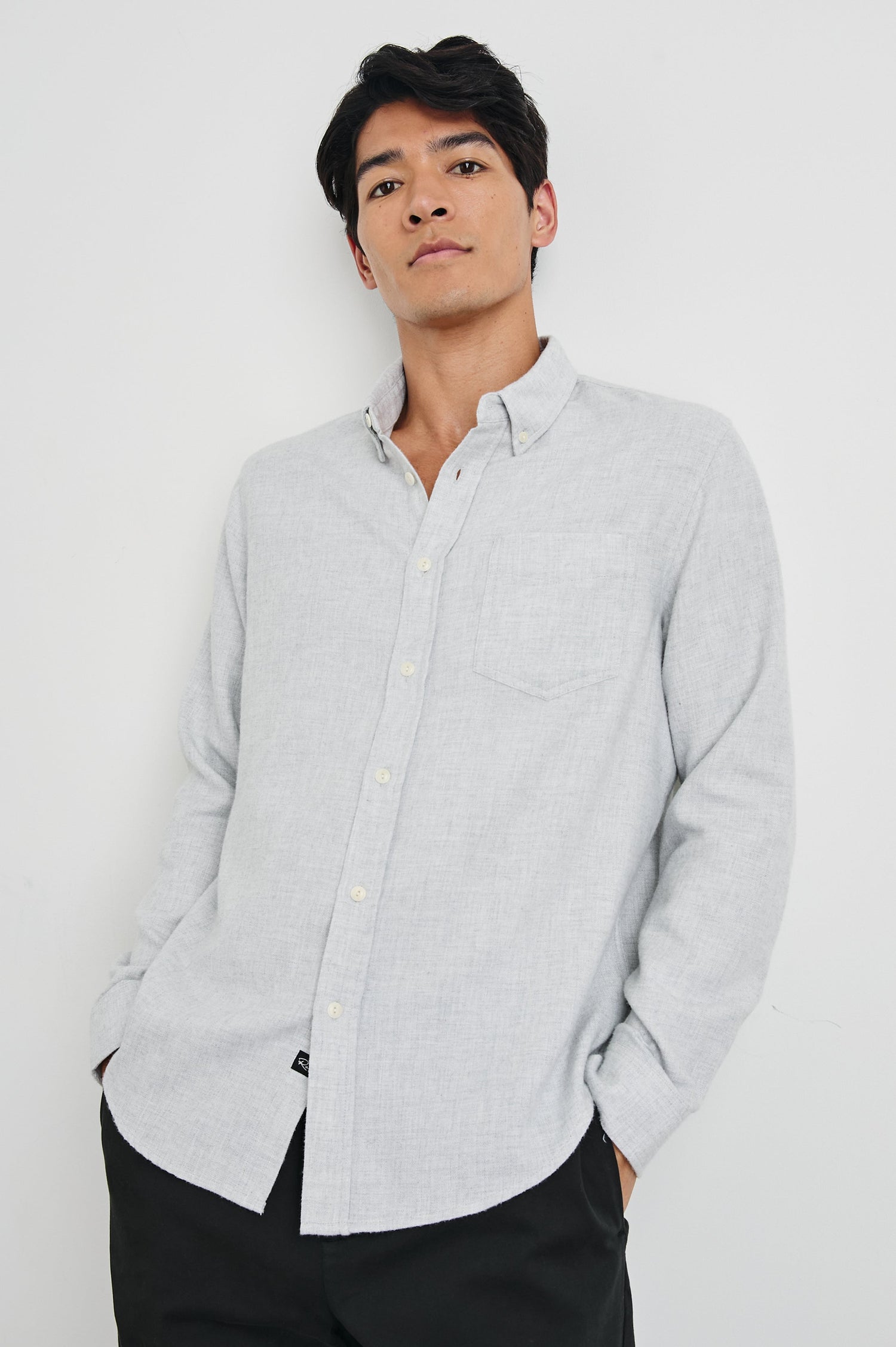 Runson Long-Sleeve Button Down with a Chest Patch Pocket in Heather Grey Colorway - Front View Featured on Model