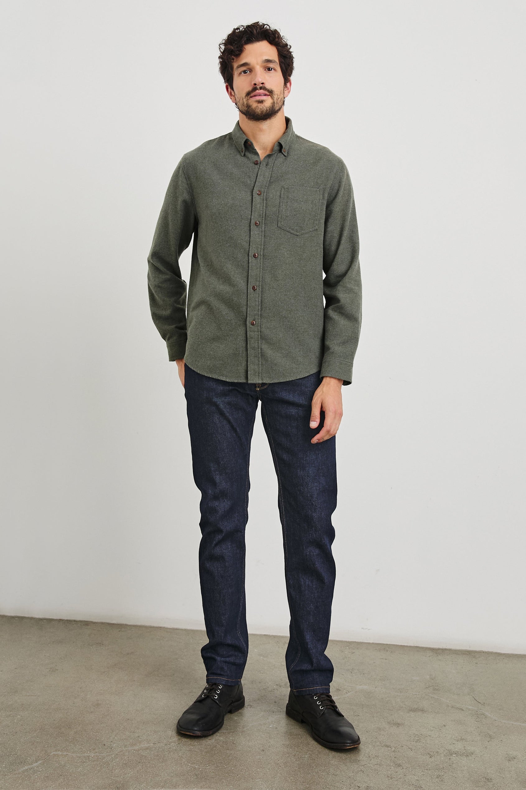 Runson Long-Sleeve Button Down with a Chest Patch Pocket in Heather Green Colorway - Front Full Body View Featured on Model