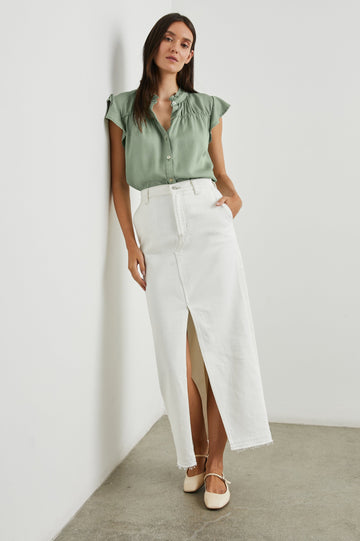 RUTHIE SHIRT - SAGE DENIM - FULL BODY LEANING