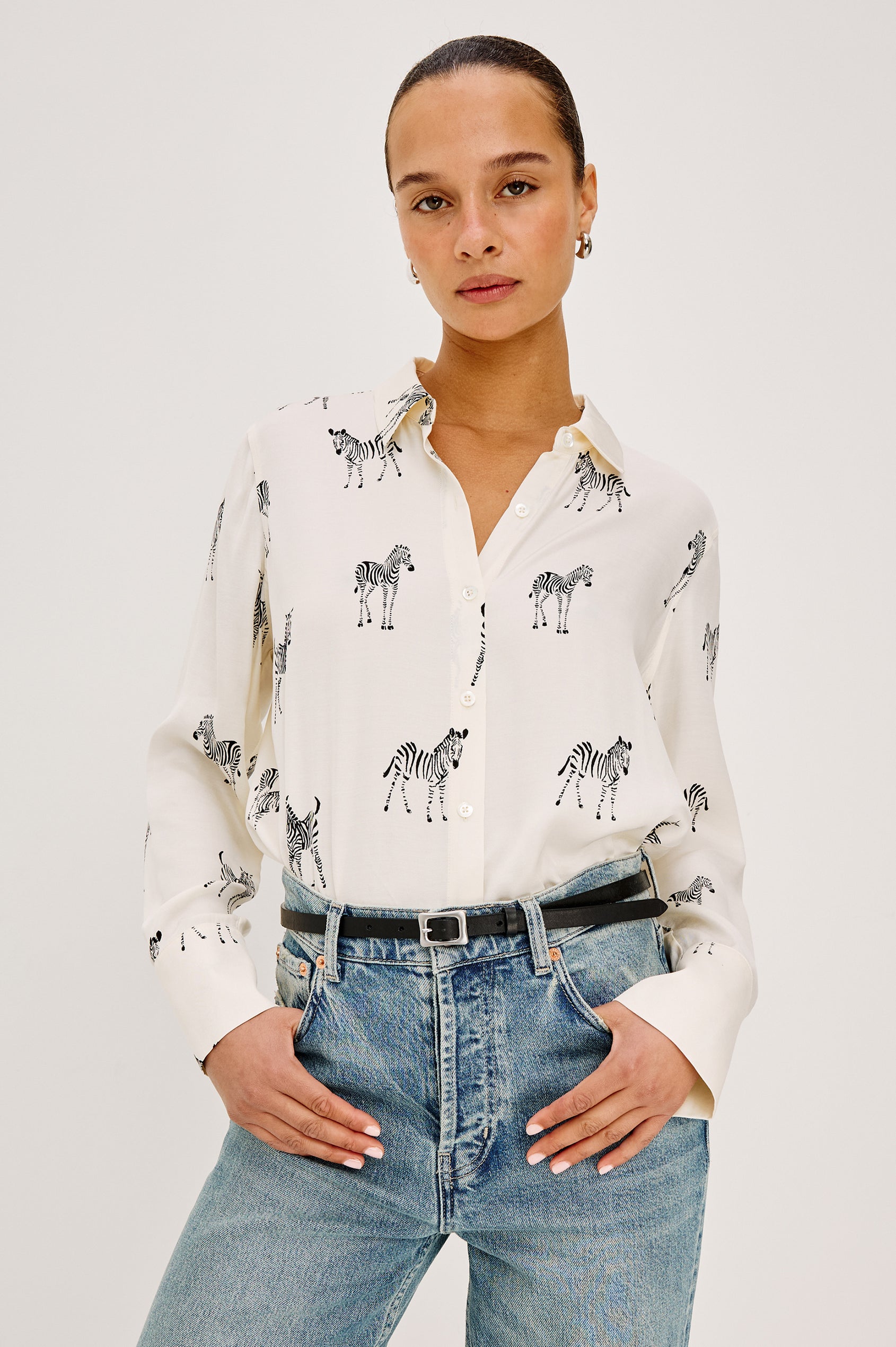 Saige Button-Up Shirt in Viscose Twill With Collar, Long Sleeves, and Relaxed Fit in Ivory Zebra Colorway - Upper Body Front View Featured on Model