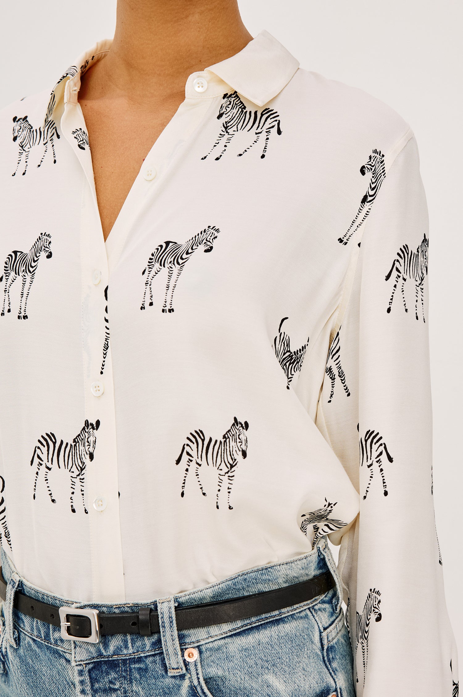 Saige Button-Up Shirt in Viscose Twill With Collar, Long Sleeves, and Relaxed Fit in Ivory Zebra Colorway - Upper Body Close Up Front View Featured on Model