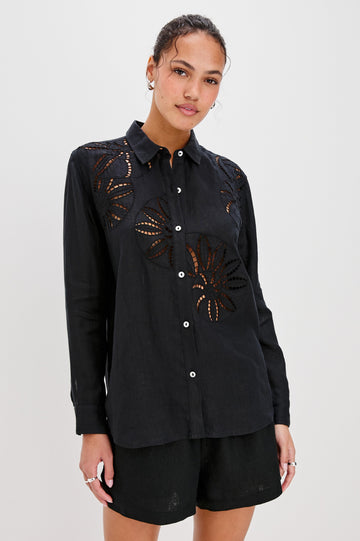 Samar Collared Button Front  Shirt with Long Sleeves and Floral Cutouts in Black Colorway. Front View Shown on Model.