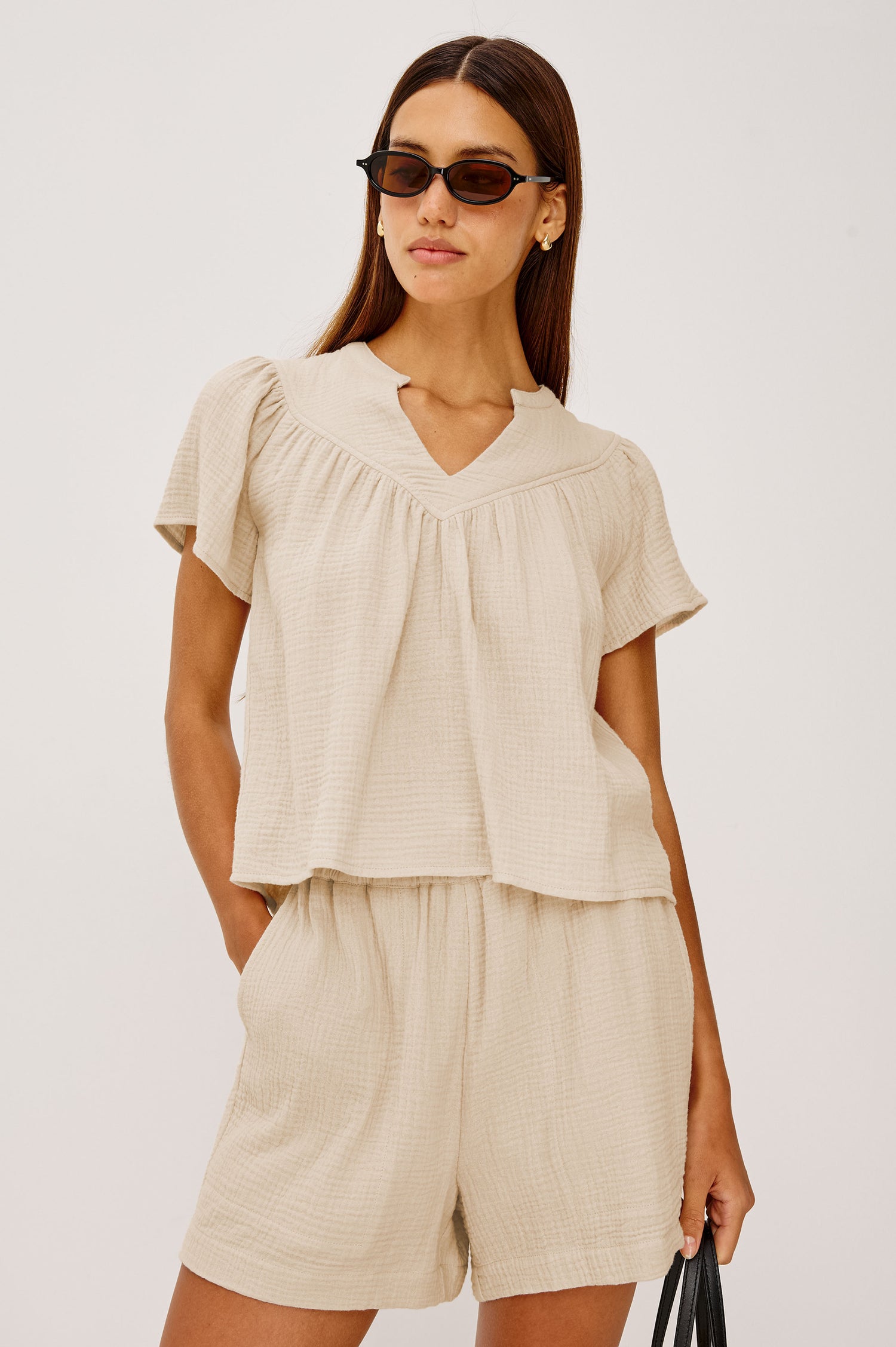 Sayer double cotton gauze flared short sleeve tee with V neckline in Flax - front view on model