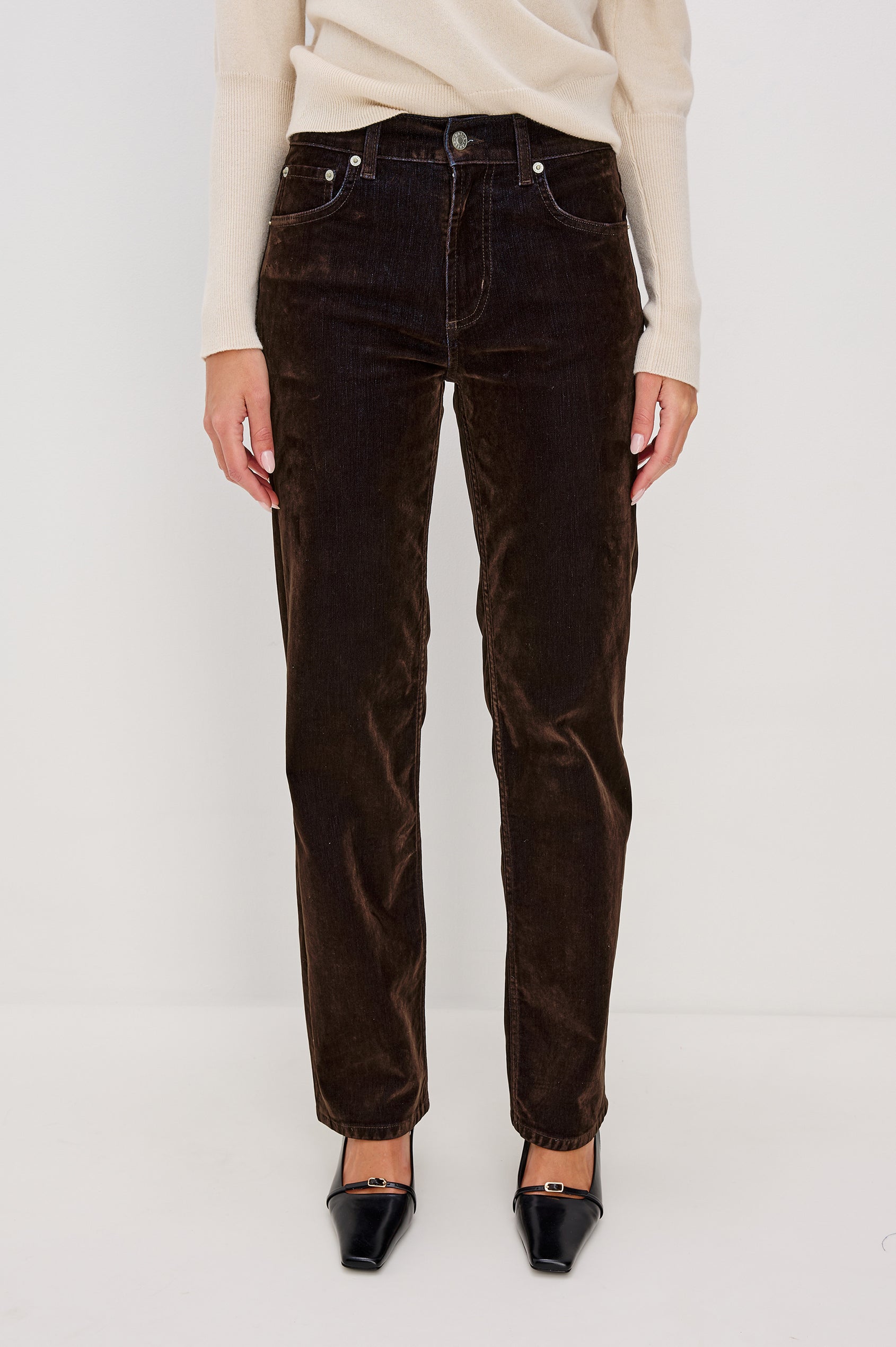 Sepulveda Mid-Rise Jean in Chocolate Flocked Indigo Denim With Relaxed Straight Legs, 5-Pocket Styling, Front Zip-Fly in Chocolate Flocking Colorway - Lower Body Front View Featured on Model