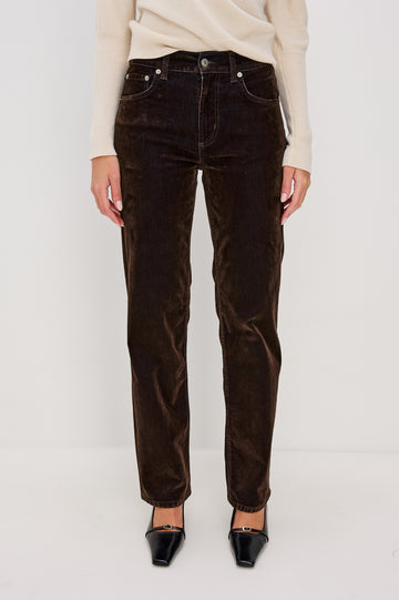 Sepulveda Mid-Rise Jean in Chocolate Flocked Indigo Denim With Relaxed Straight Legs, 5-Pocket Styling, Front Zip-Fly in Chocolate Flocking Colorway - Lower Body Front View Featured on Model