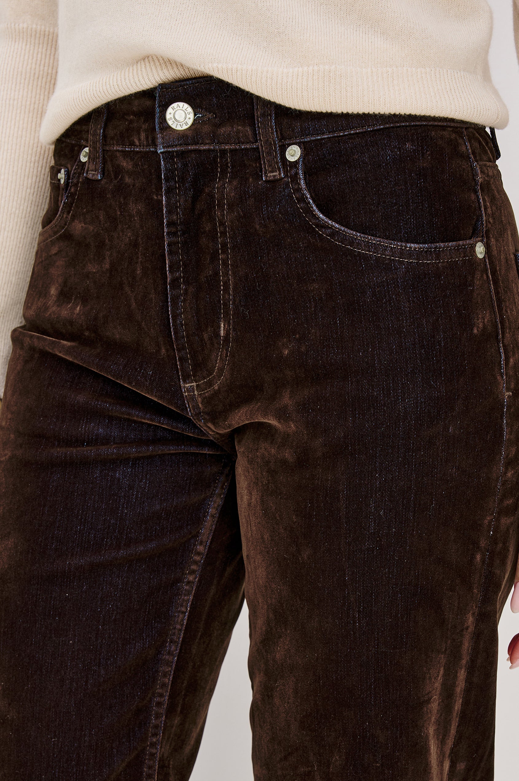 Sepulveda Mid-Rise Jean in Chocolate Flocked Indigo Denim With Relaxed Straight Legs, 5-Pocket Styling, Front Zip-Fly in Chocolate Flocking Colorway - Lower Body Close Up Front View Featured on Model