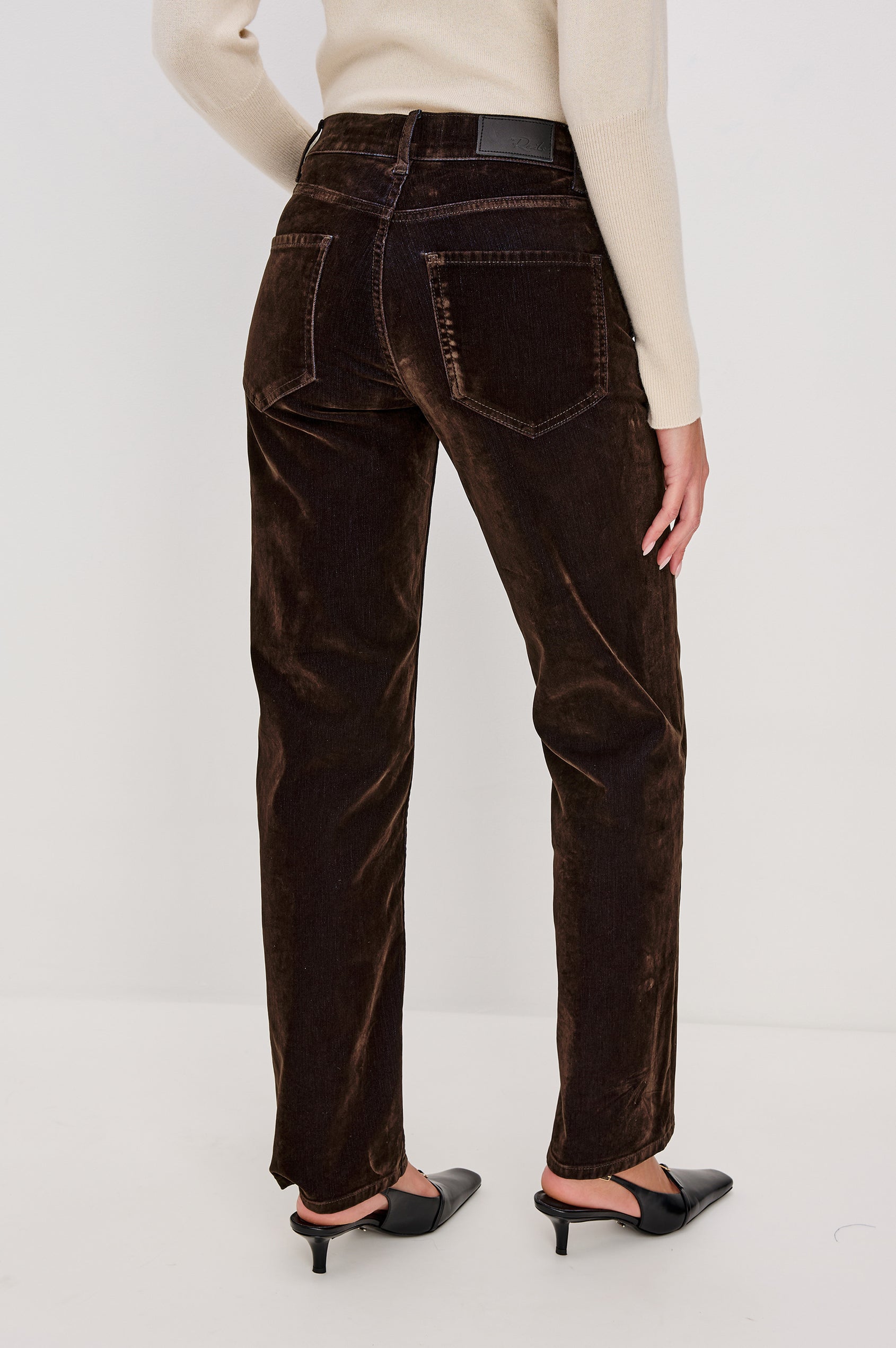 Sepulveda Mid-Rise Jean in Chocolate Flocked Indigo Denim With Relaxed Straight Legs, 5-Pocket Styling, Front Zip-Fly in Chocolate Flocking Colorway - Lower Body Back View Featured