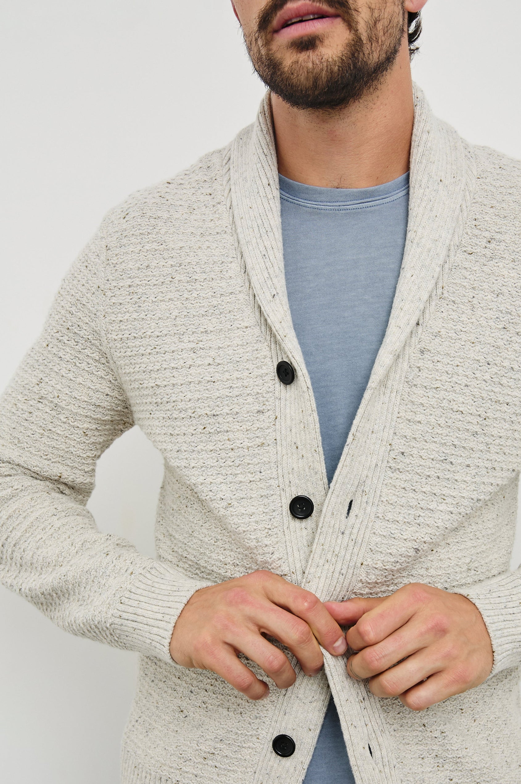 Shepley Long-Sleeve Cardigan with Button Closure and a Shawl Collar in Natural Oat Colorway - Front View Featured on Model