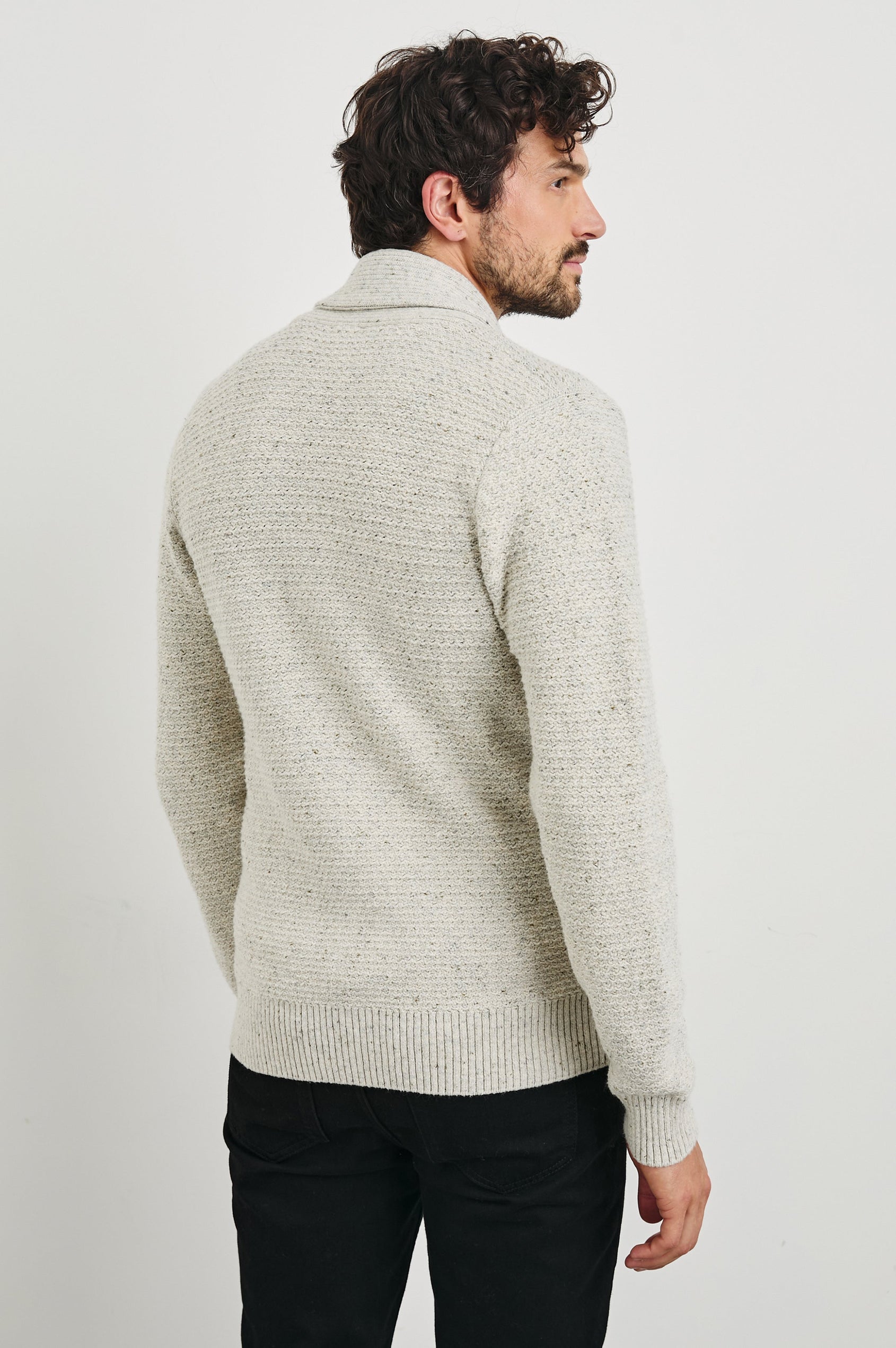 Shepley Long-Sleeve Cardigan with Button Closure and a Shawl Collar in Natural Oat Colorway - Back View Featured on Model