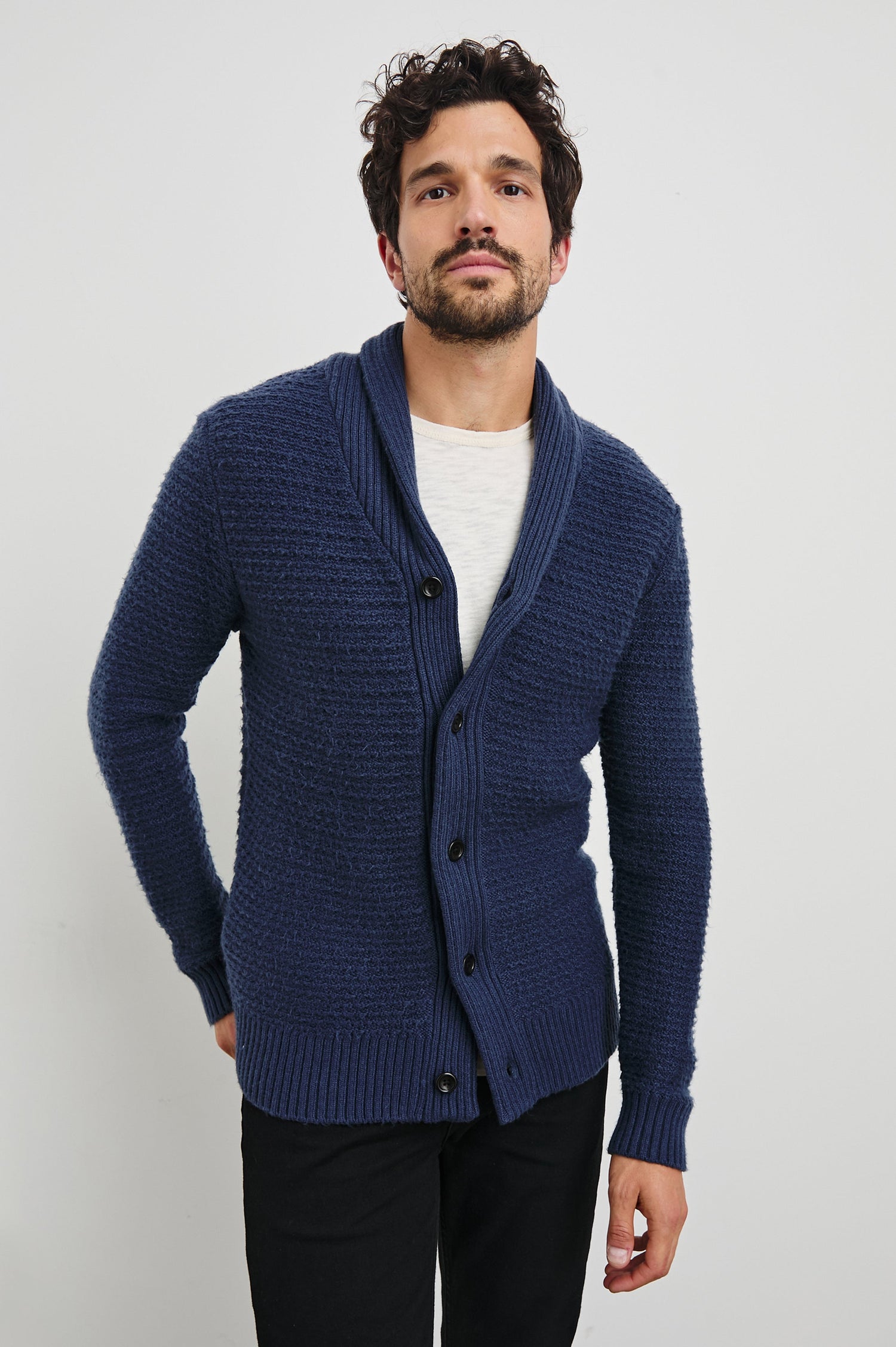 Shepley Long-Sleeve Cardigan with Button Closure and a Shawl Collar in Navy Colorway - Front View Featured on Model