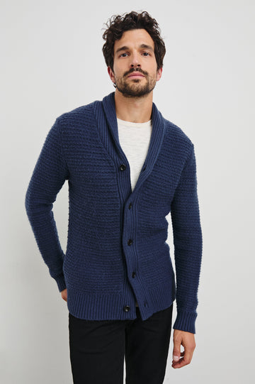 Shepley Long-Sleeve Cardigan with Button Closure and a Shawl Collar in Navy Colorway - Front View Featured on Model