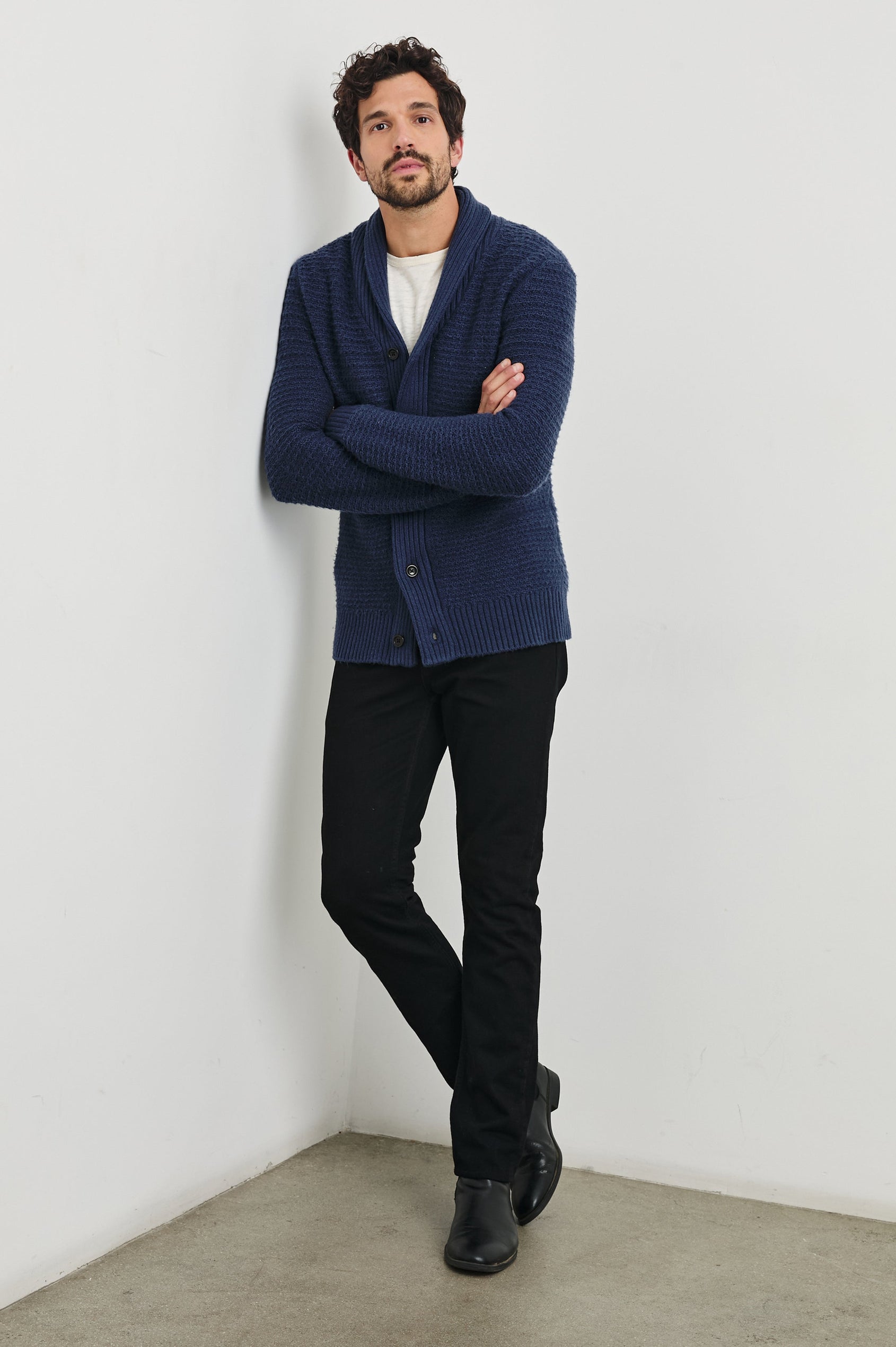 Shepley Long-Sleeve Cardigan with Button Closure and a Shawl Collar in Navy Colorway - Front Full Body View Featured on Model