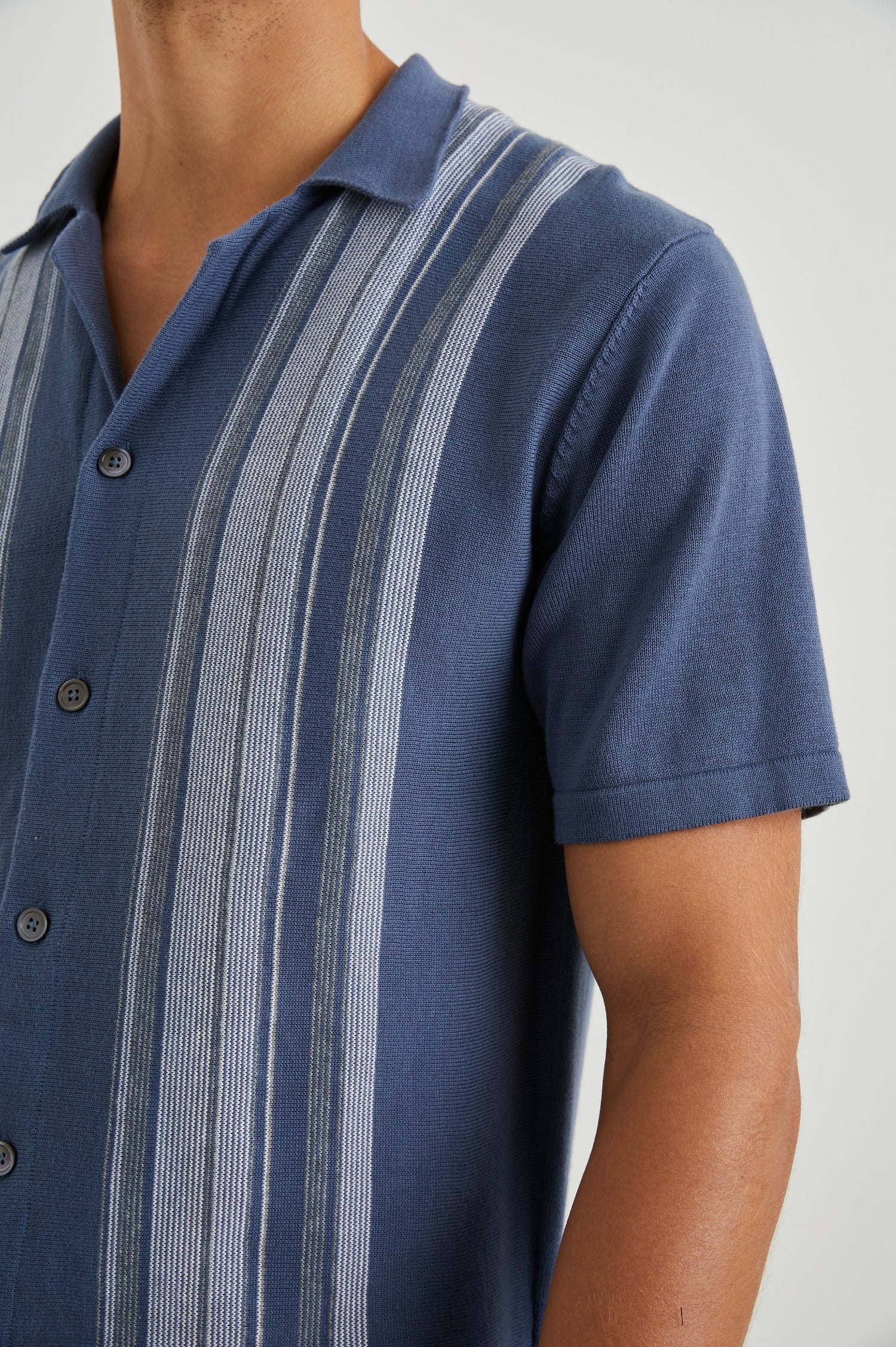 Silas Short-Sleeve Button Up in Marrakesh Blue Multi Colorway, with two front sections of vertical stripes in white and grey - Front View Featured on Model