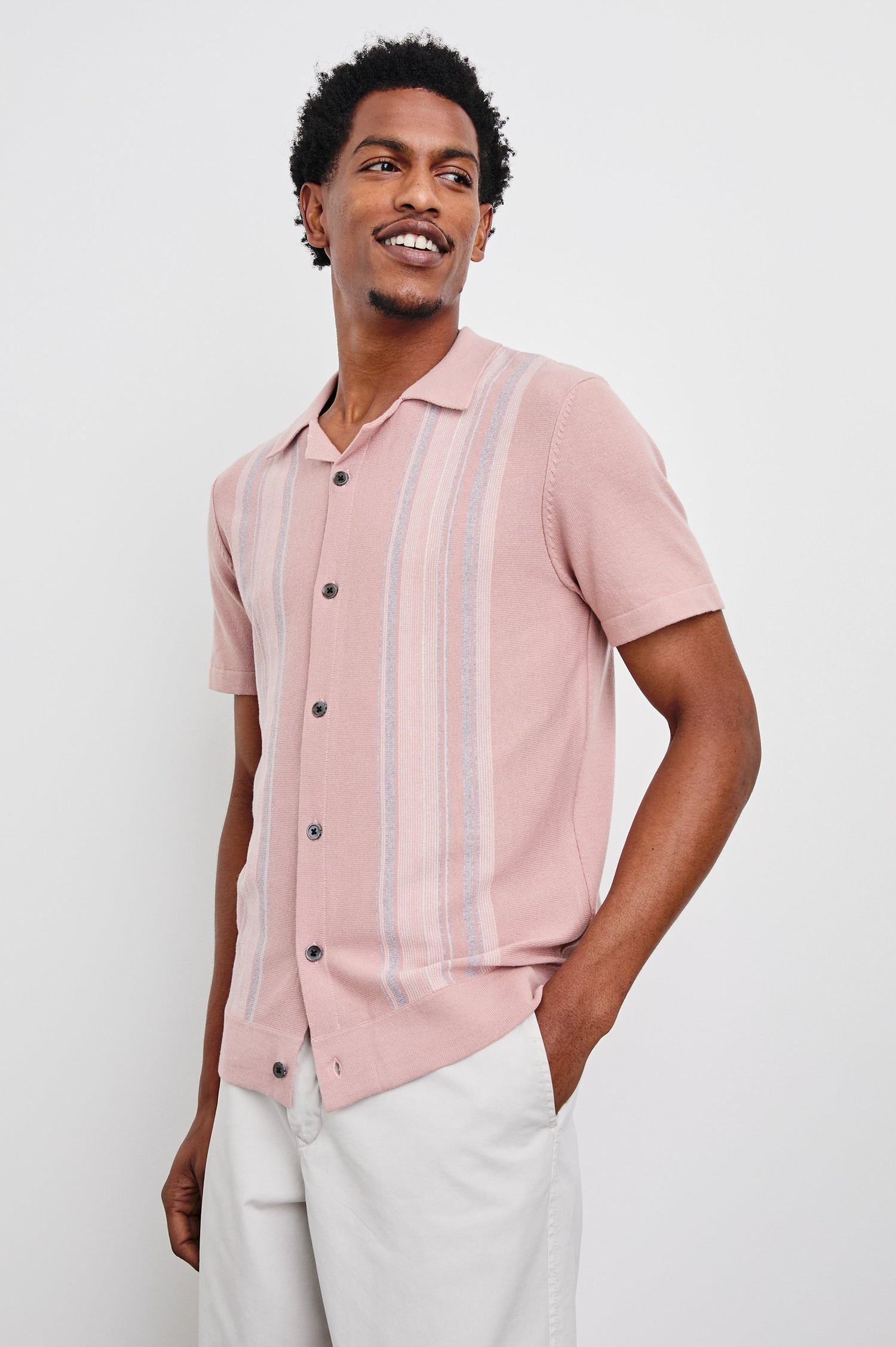 Silas short sleeve knit button down shirt with retro front striped design features in Rose Multi - front view on model