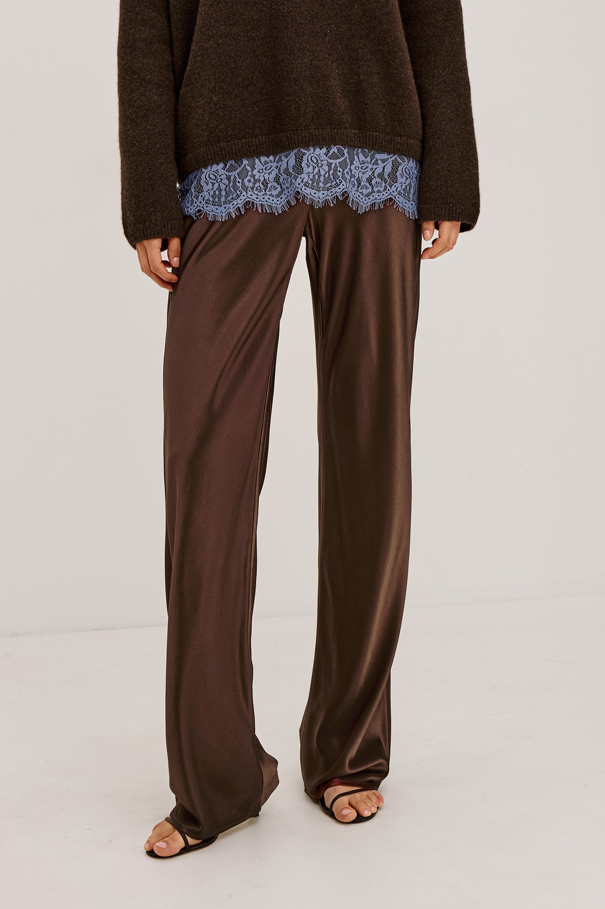 Silvi High-Waisted Pant in Metallic Satin Back Crepe With Elastic Waistband and Straight Legs in Espresso Colorway - Front View Featured on Model.