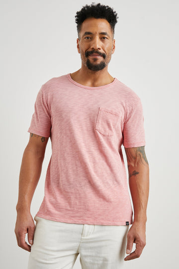 Skipper Short-Sleeve T-shirt with a Crew Neck and a Chest Patch Pocket in Equator Colorway, a Pink - Front View Featured on Model