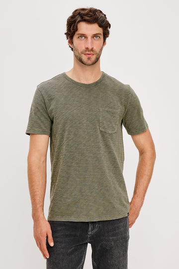 Skipper Short-Sleeve T-shirt with a Crew Neck and a Chest Patch Pocket in Surplus Colorway, a green - Front View Featured on Model