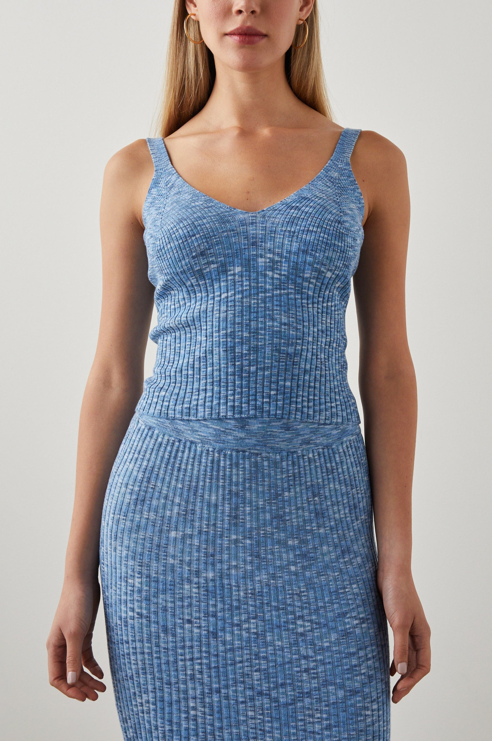 Sky Ribbed Tank with a Deep V Neck in Blue Multi Space Dye Colorway, Multiple Blues - Front View Featured on Model 