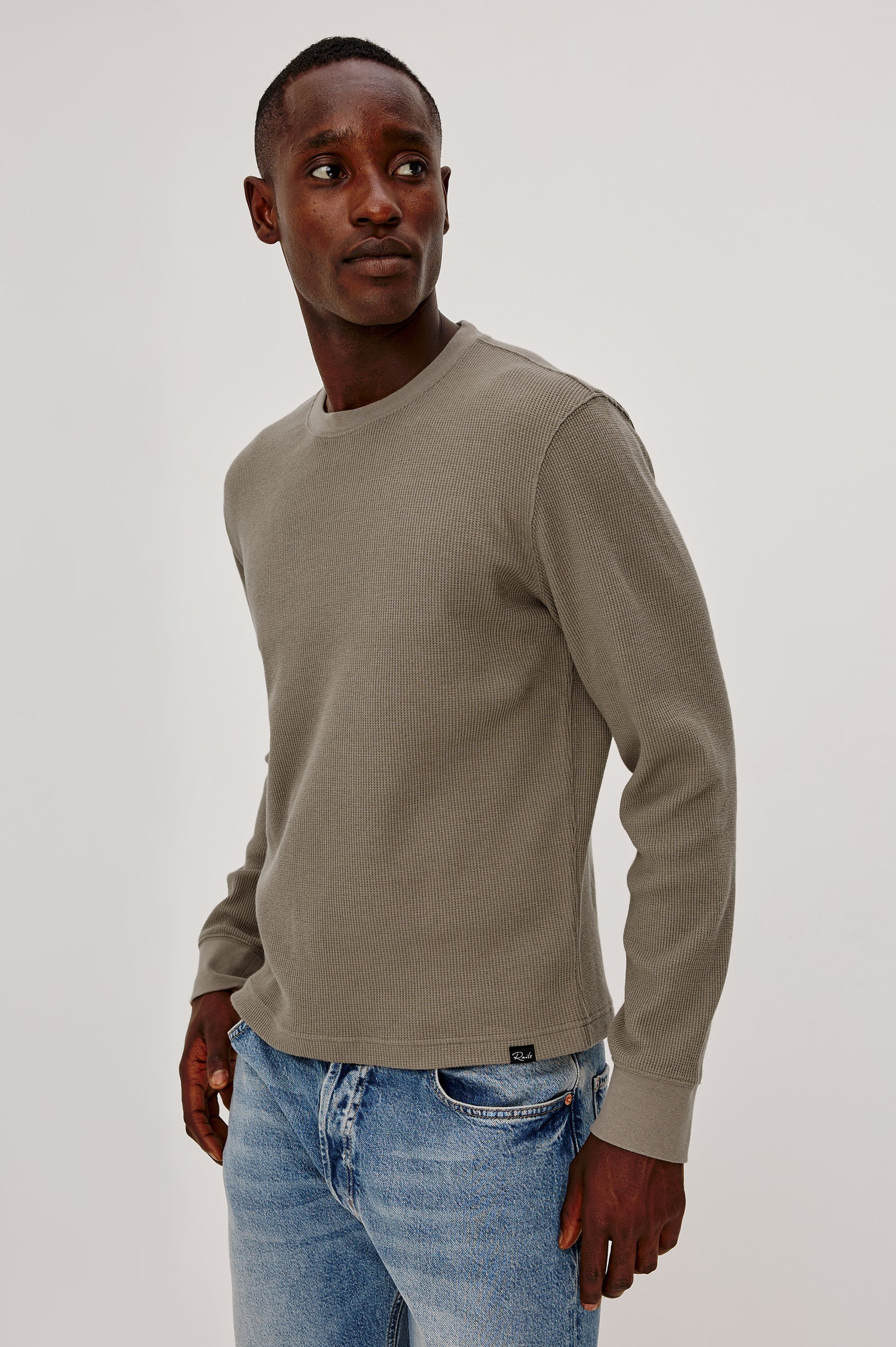 Smith Thermal in Micro-Waflle Cotton Knit With Ribbed Crew Neckline and Cuffs, and Long Sleeves in Walnut Colorway - Upper Body Side View Featured on Model