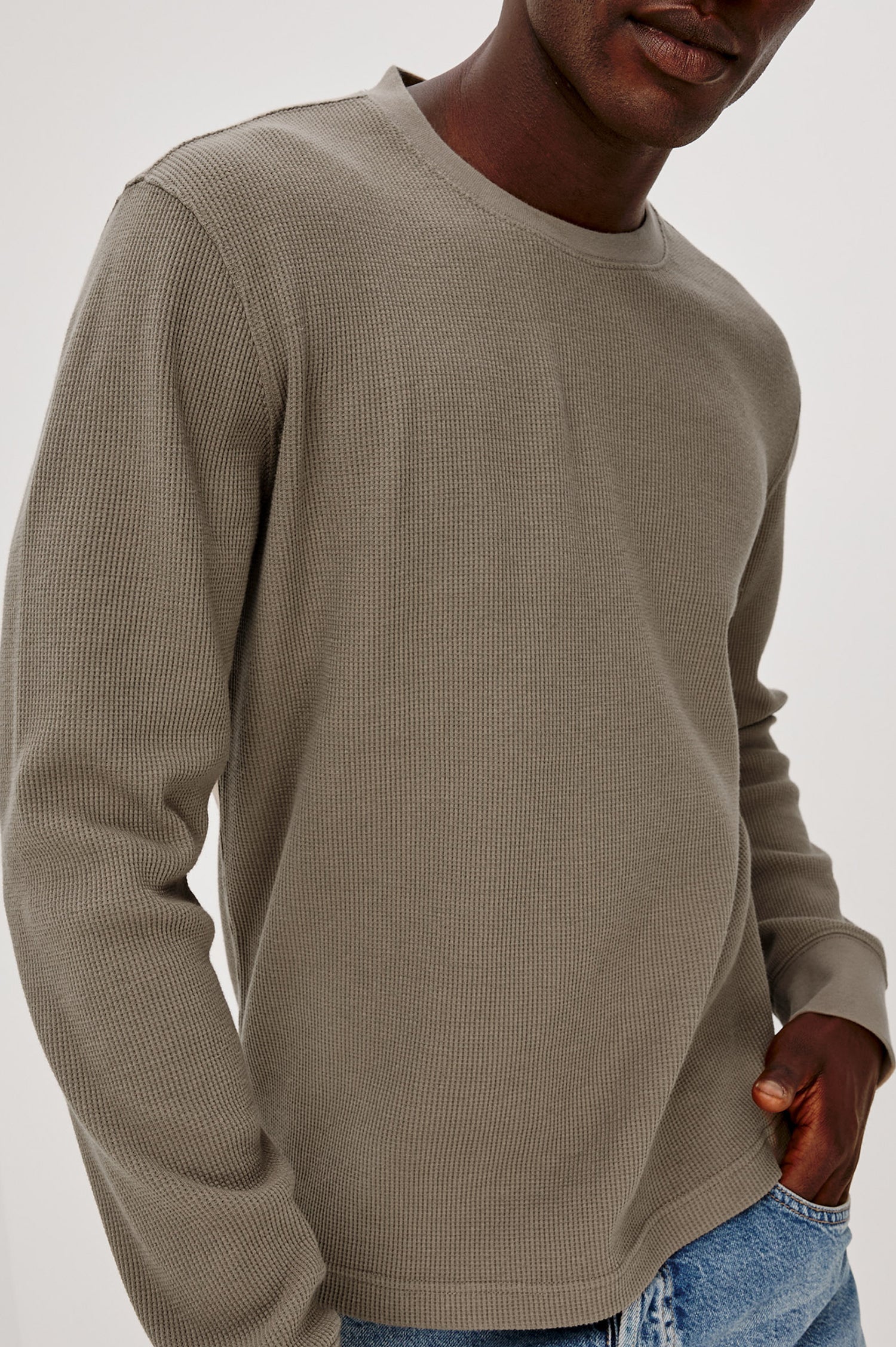Smith Thermal in Micro-Waflle Cotton Knit With Ribbed Crew Neckline and Cuffs, and Long Sleeves in Walnut Colorway - Upper Body Front View Featured on Model