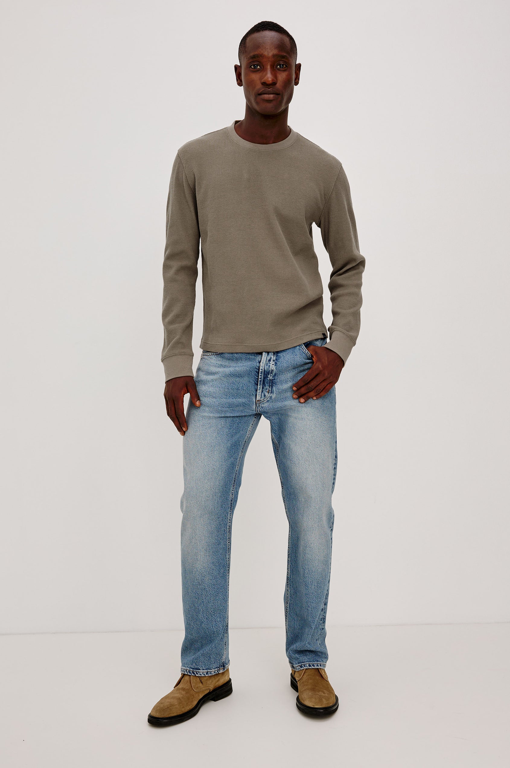 Smith Thermal in Micro-Waflle Cotton Knit With Ribbed Crew Neckline and Cuffs, and Long Sleeves in Walnut Colorway - Full Body Front View Featured on Model
