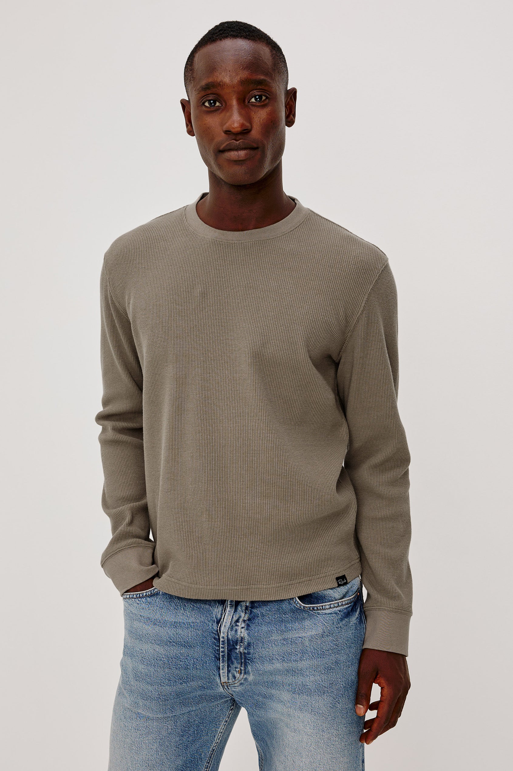 Smith Thermal in Micro-Waflle Cotton Knit With Ribbed Crew Neckline and Cuffs, and Long Sleeves in Walnut Colorway - Upper Body Front View Featured on Model