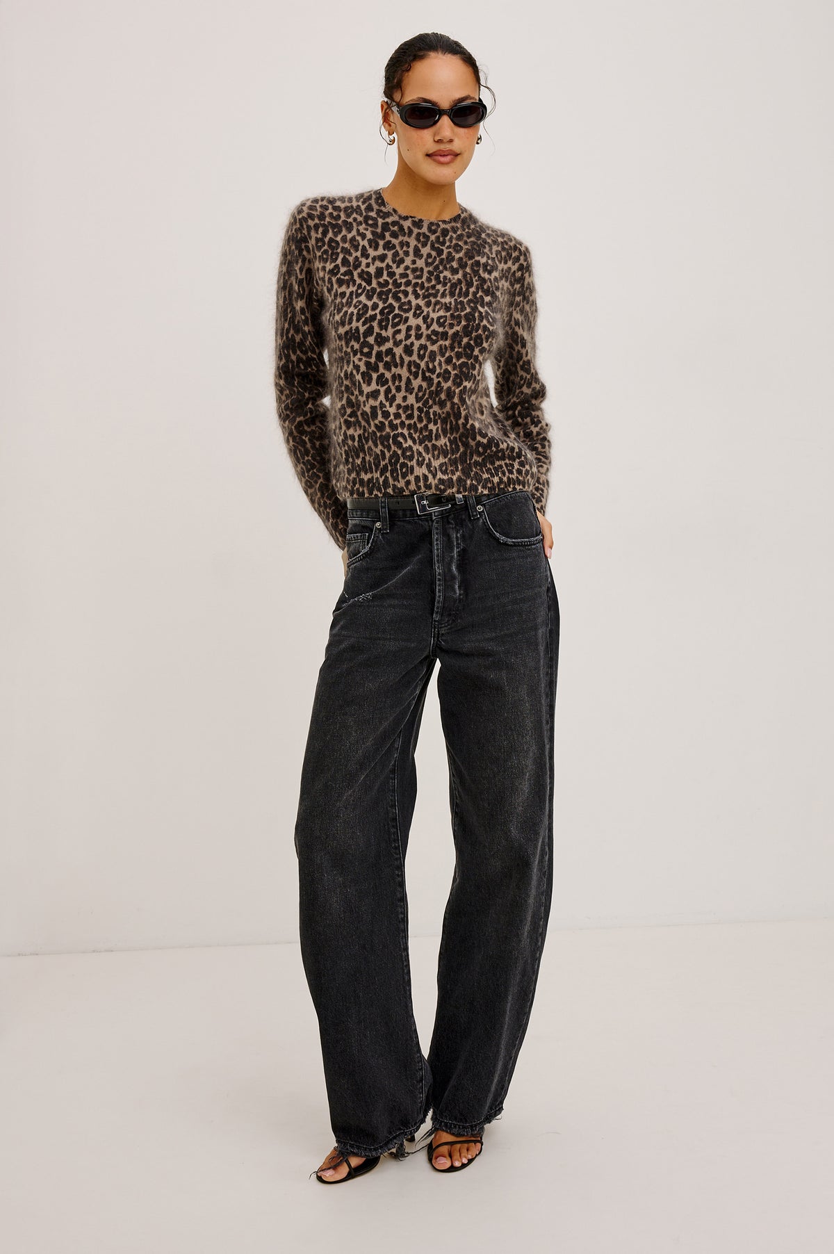 Sofia Sweater in Soft Brushed Wool Blend Knit With Relaxed Fit, Crew Neck, Long Sleeves, and Ribbed Trim in Brown Nala Colorway - Full Body Front View Featured on Model